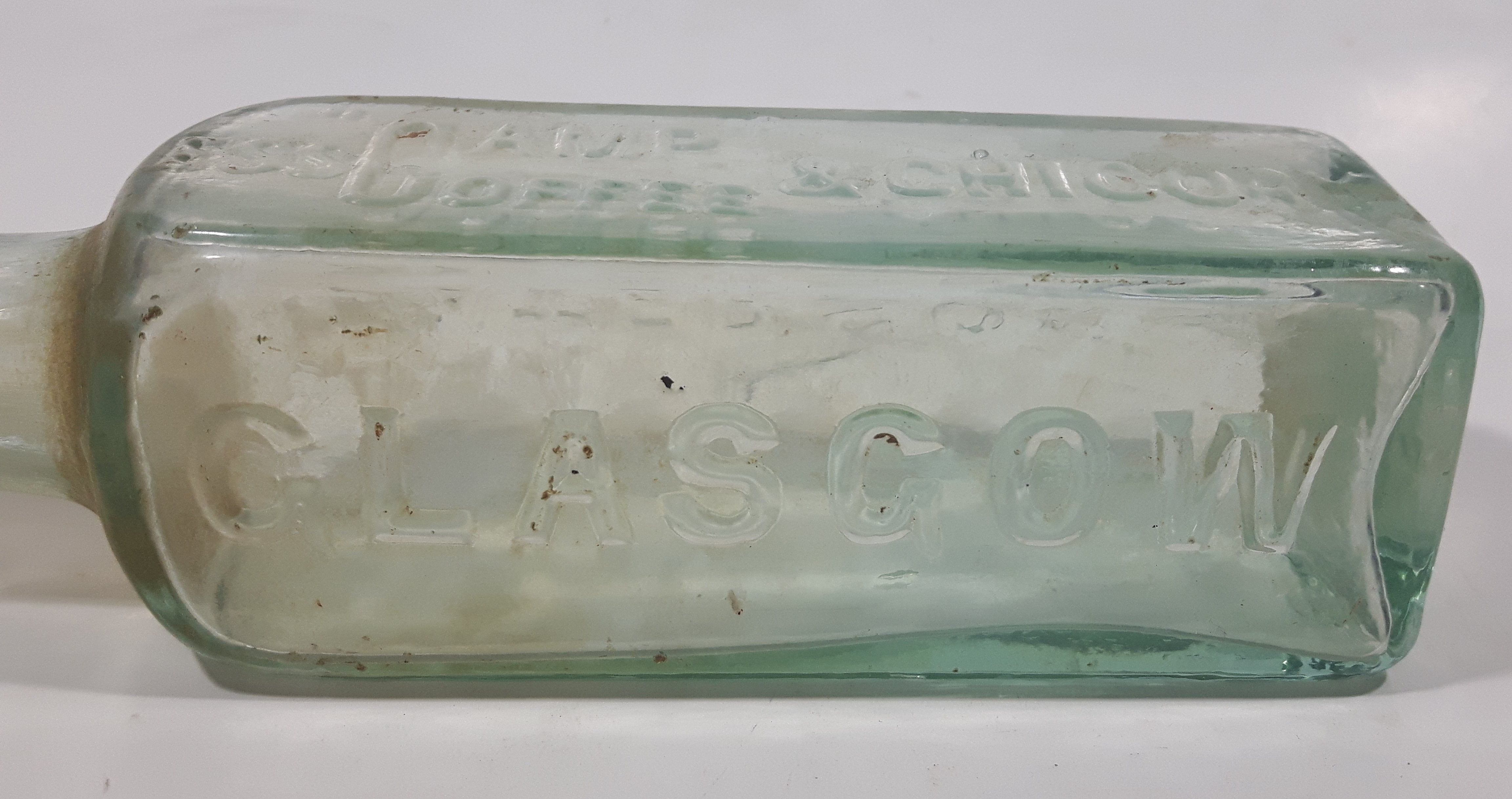 Antique 1880s Paterson's Glasgow Camp Coffee & Chicor 6 5/8" Tall Embossed Lettering Aqua Glass Bottle 10