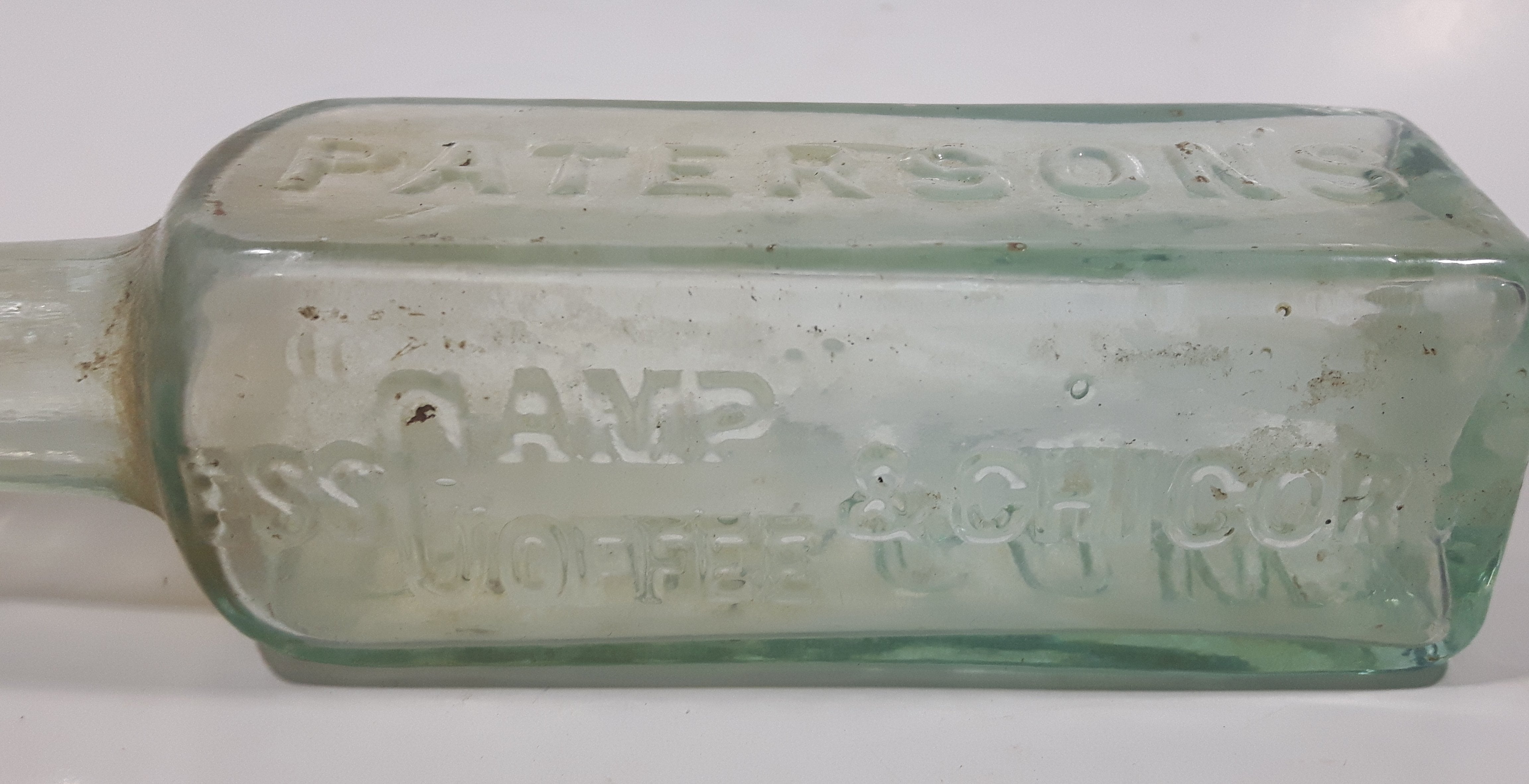 Antique 1880s Paterson's Glasgow Camp Coffee & Chicor 6 5/8" Tall Embossed Lettering Aqua Glass Bottle 11