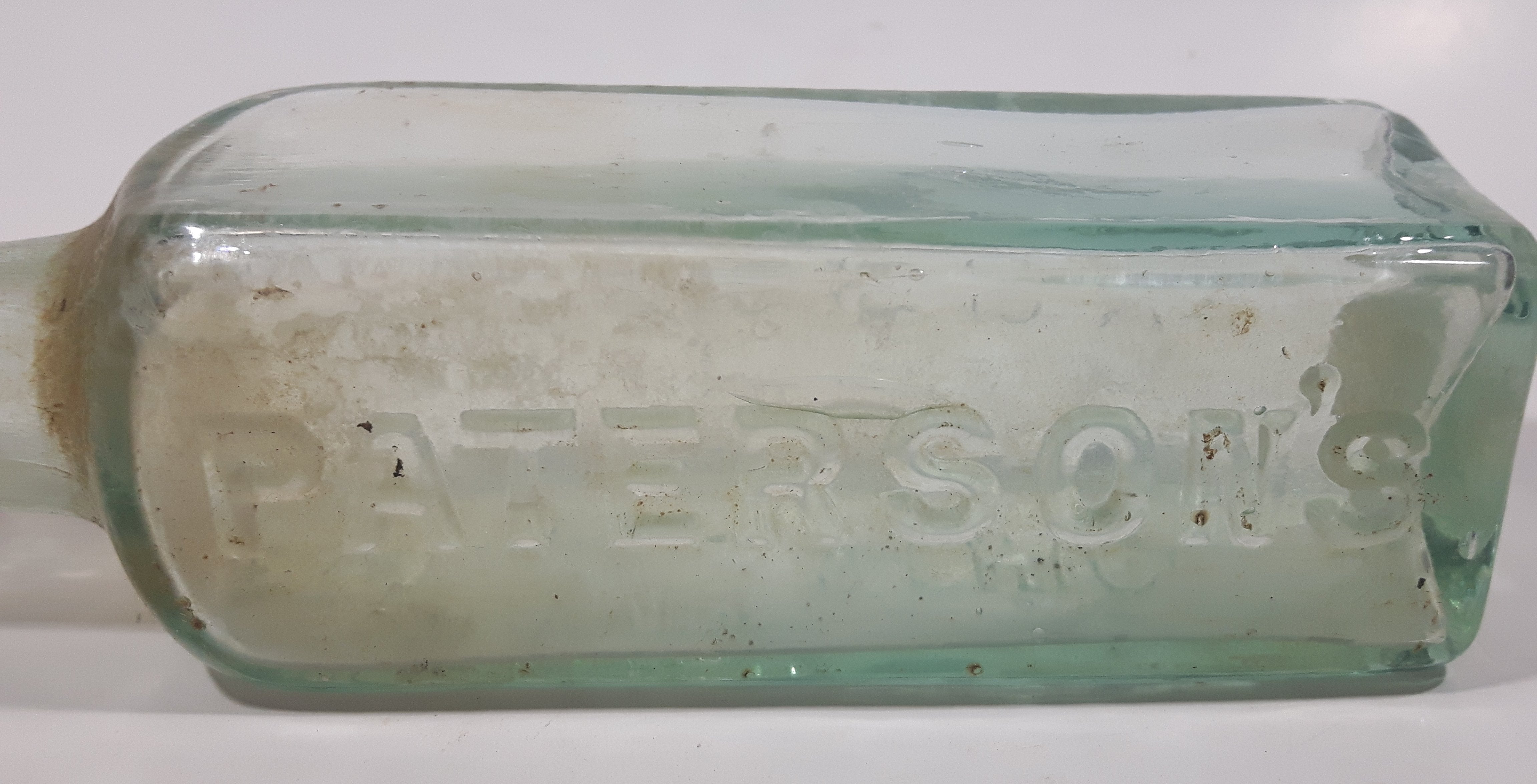 Antique 1880s Paterson's Glasgow Camp Coffee & Chicor 6 5/8" Tall Embossed Lettering Aqua Glass Bottle 12