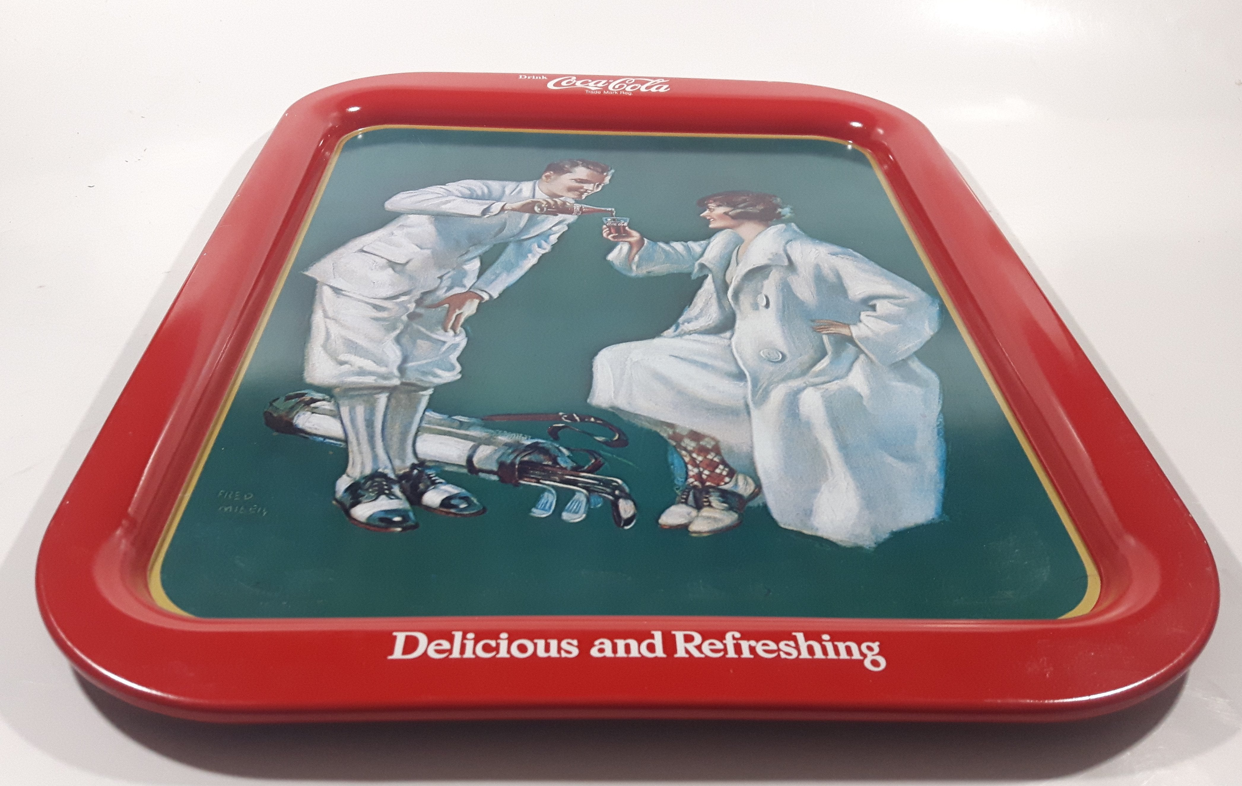 Vintage 1973 Coca Cola 1926 Golfing Couple 10 3/4" x 14 3/4" Metal Beverage Serving Tray 3