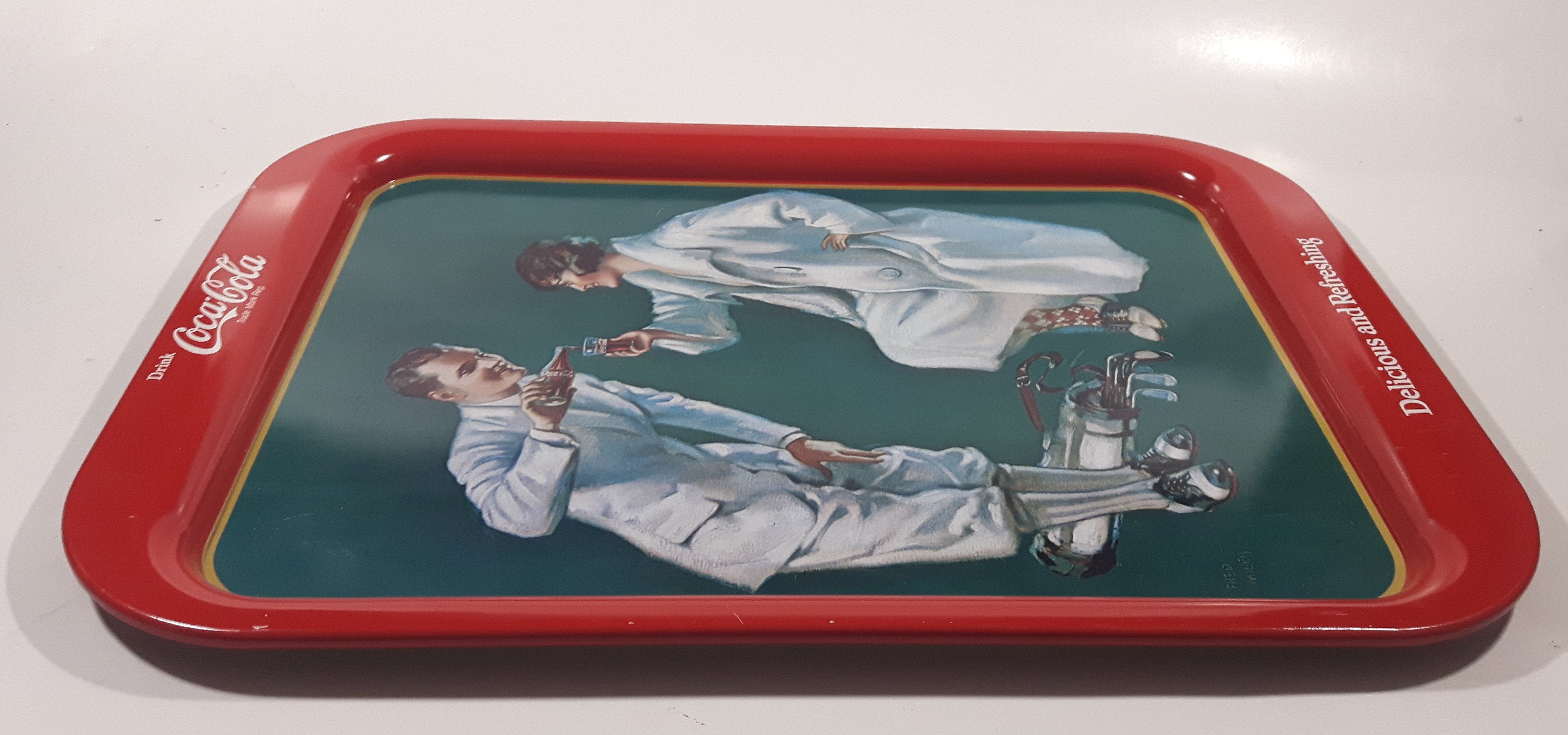 Vintage 1973 Coca Cola 1926 Golfing Couple 10 3/4" x 14 3/4" Metal Beverage Serving Tray 6