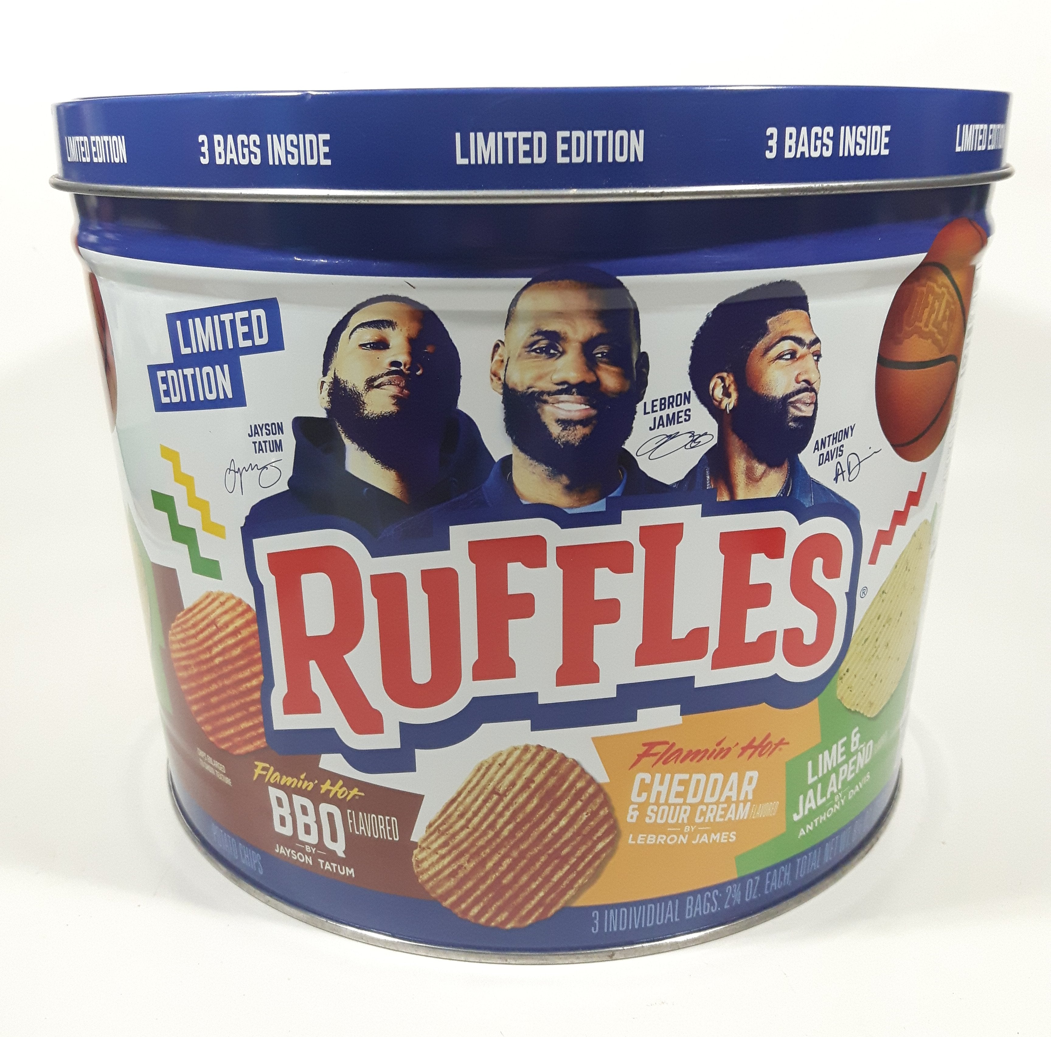 2021 Frito-Lay Ruffles Potato Chips Limited Edition Jayson Tatum Lebron James Anthony Davis Basketball Players Own Your Ridges 8" Tall Tin Metal Canister EMPTY 2