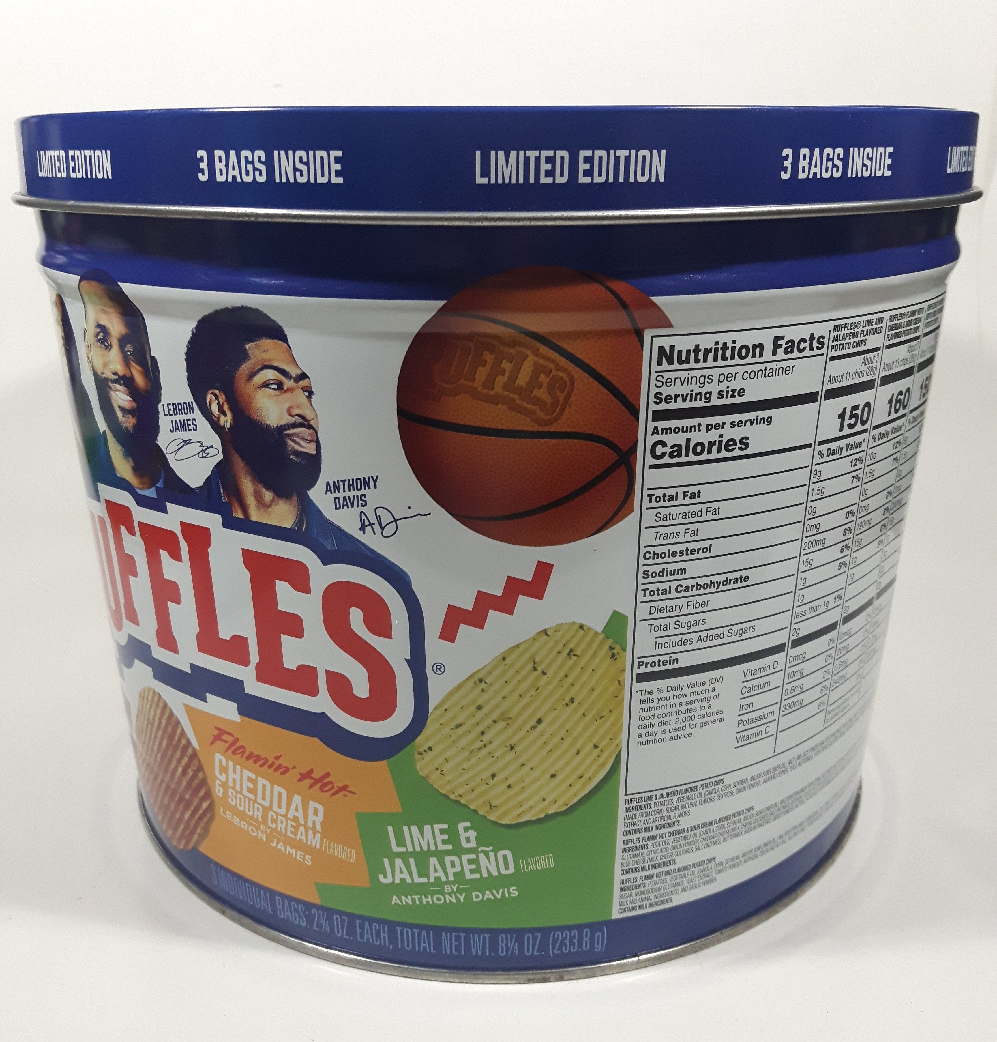 2021 Frito-Lay Ruffles Potato Chips Limited Edition Jayson Tatum Lebron James Anthony Davis Basketball Players Own Your Ridges 8" Tall Tin Metal Canister EMPTY 3