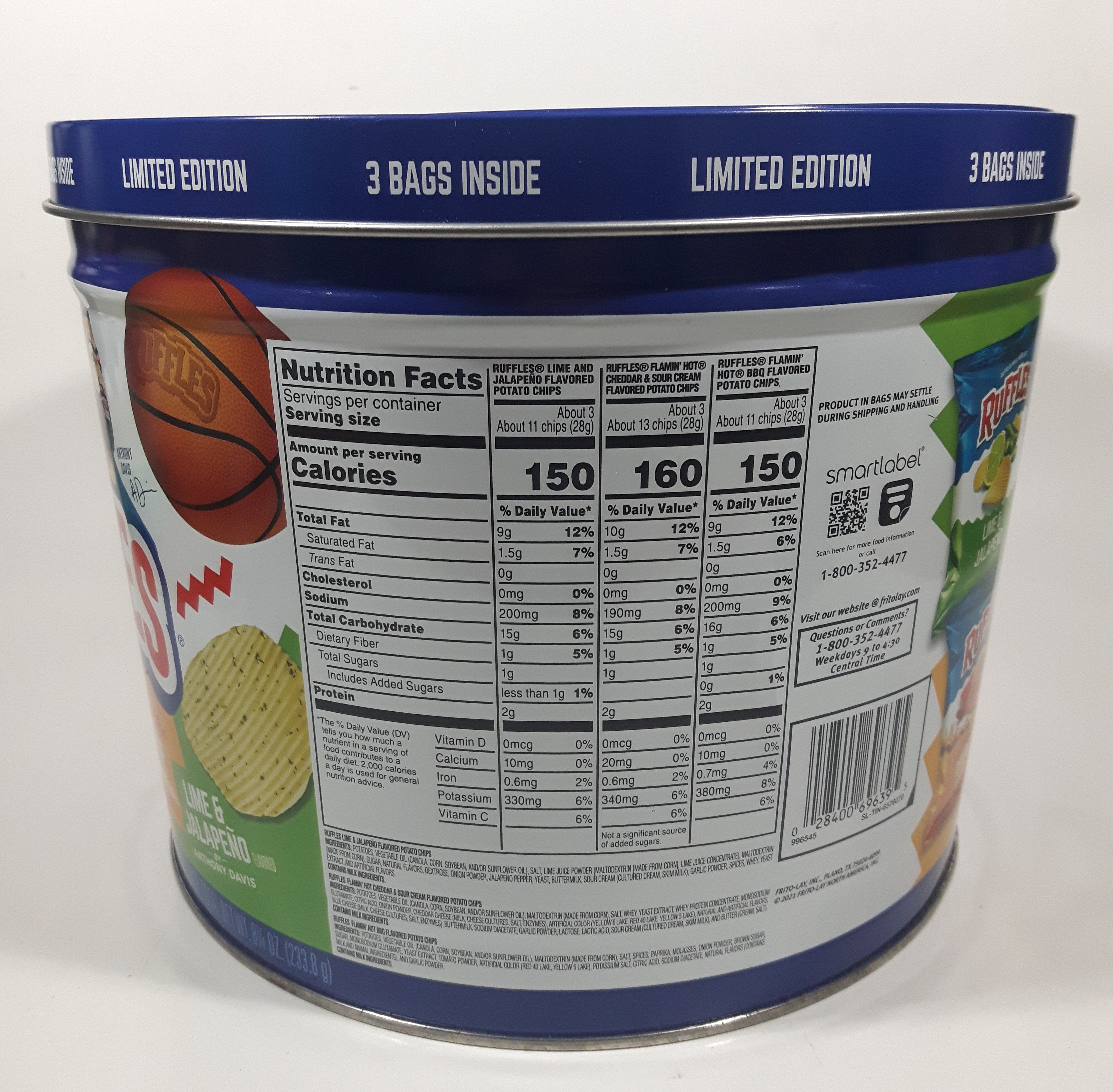 2021 Frito-Lay Ruffles Potato Chips Limited Edition Jayson Tatum Lebron James Anthony Davis Basketball Players Own Your Ridges 8" Tall Tin Metal Canister EMPTY 4