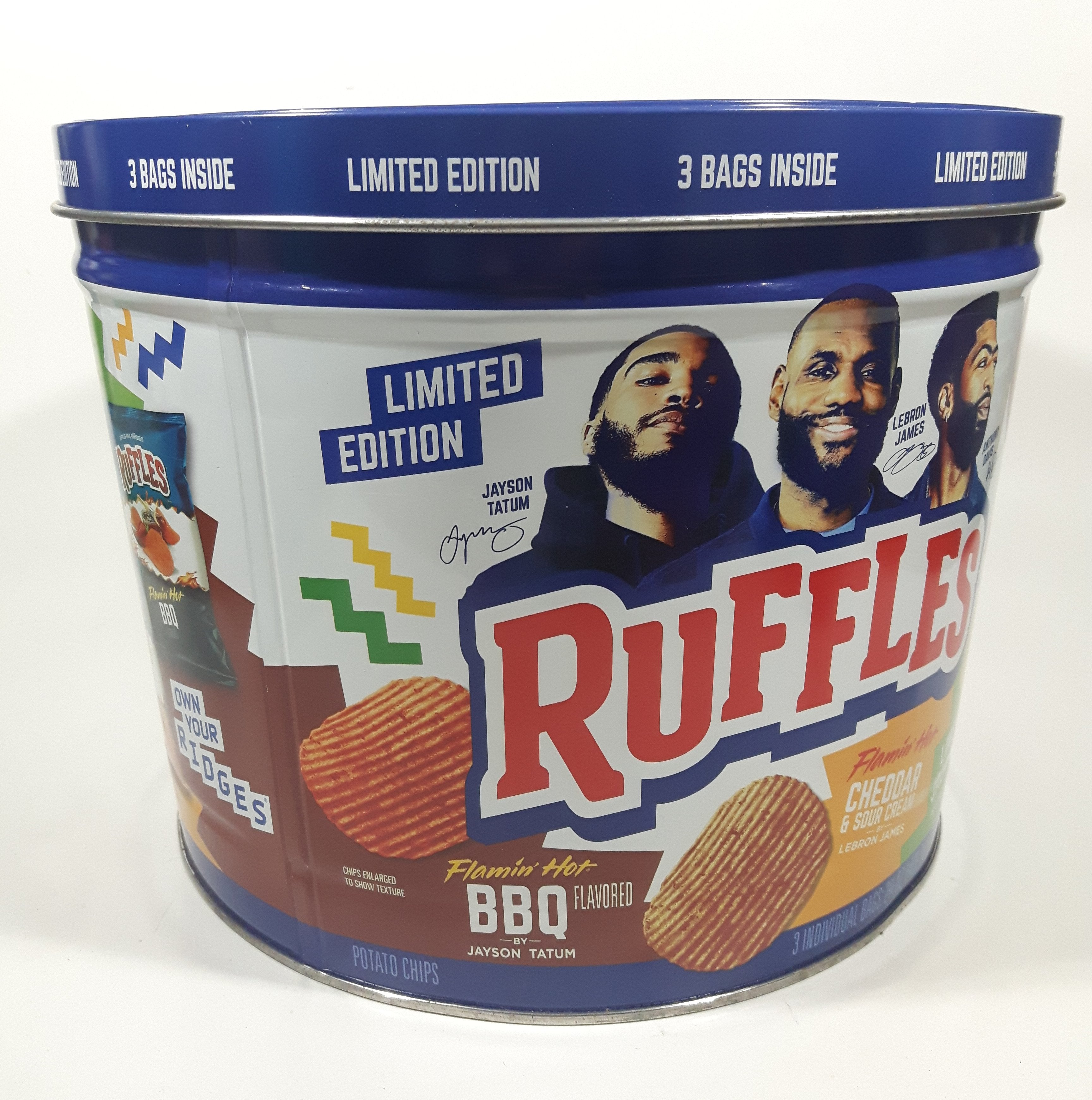 2021 Frito-Lay Ruffles Potato Chips Limited Edition Jayson Tatum Lebron James Anthony Davis Basketball Players Own Your Ridges 8" Tall Tin Metal Canister EMPTY 8