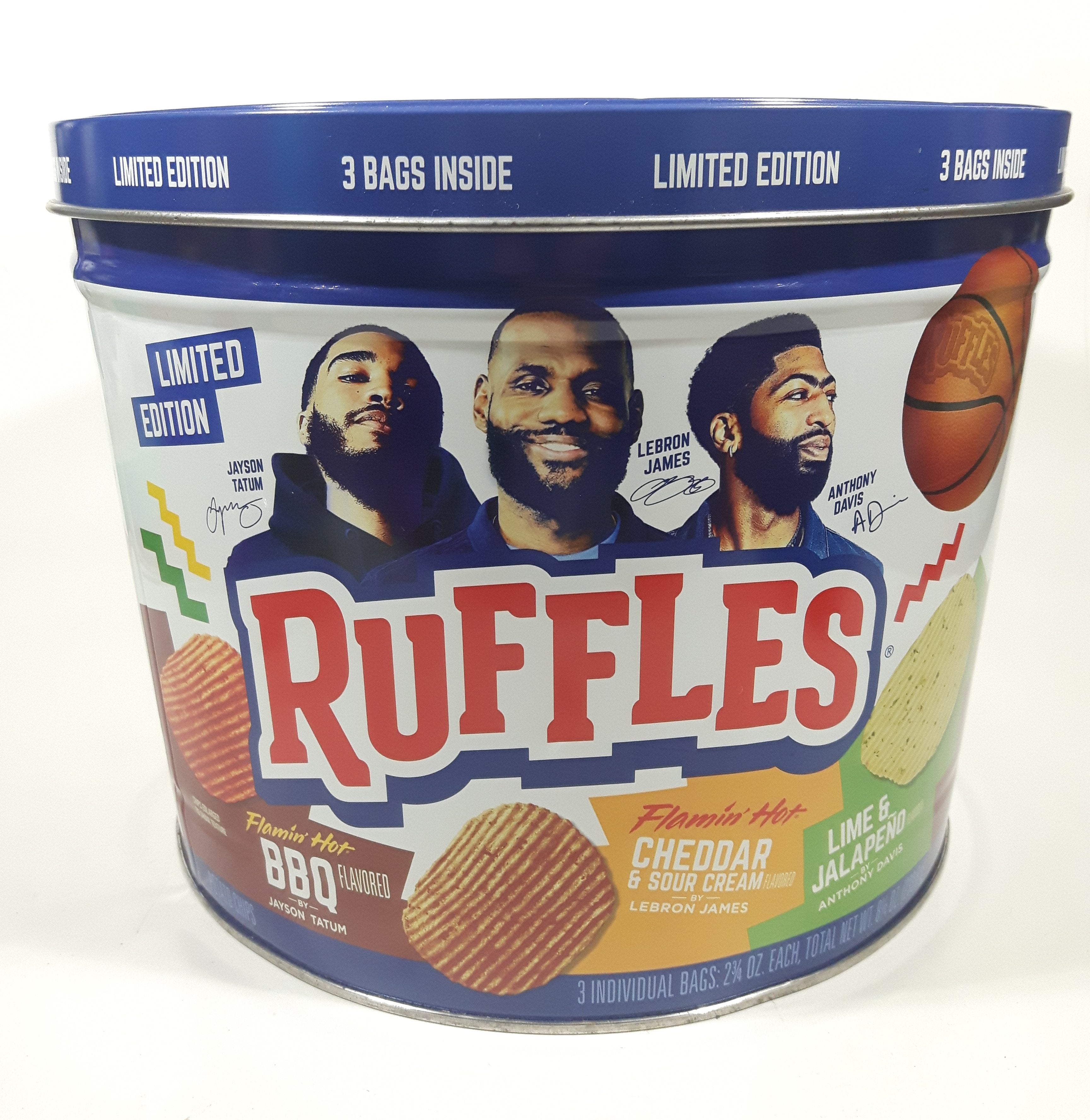 2021 Frito-Lay Ruffles Potato Chips Limited Edition Jayson Tatum Lebron James Anthony Davis Basketball Players Own Your Ridges 8" Tall Tin Metal Canister EMPTY 9
