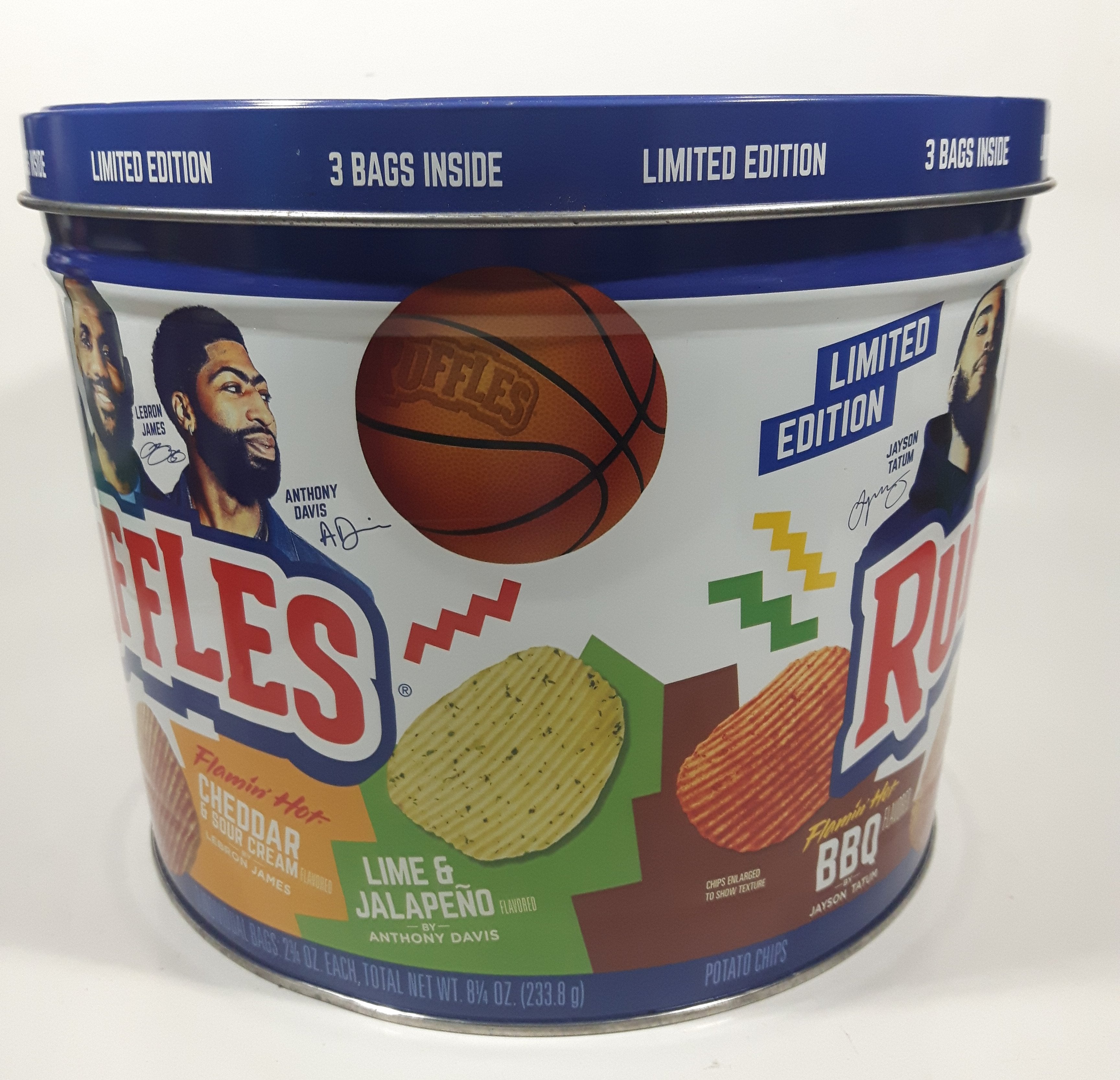 2021 Frito-Lay Ruffles Potato Chips Limited Edition Jayson Tatum Lebron James Anthony Davis Basketball Players Own Your Ridges 8" Tall Tin Metal Canister EMPTY 10