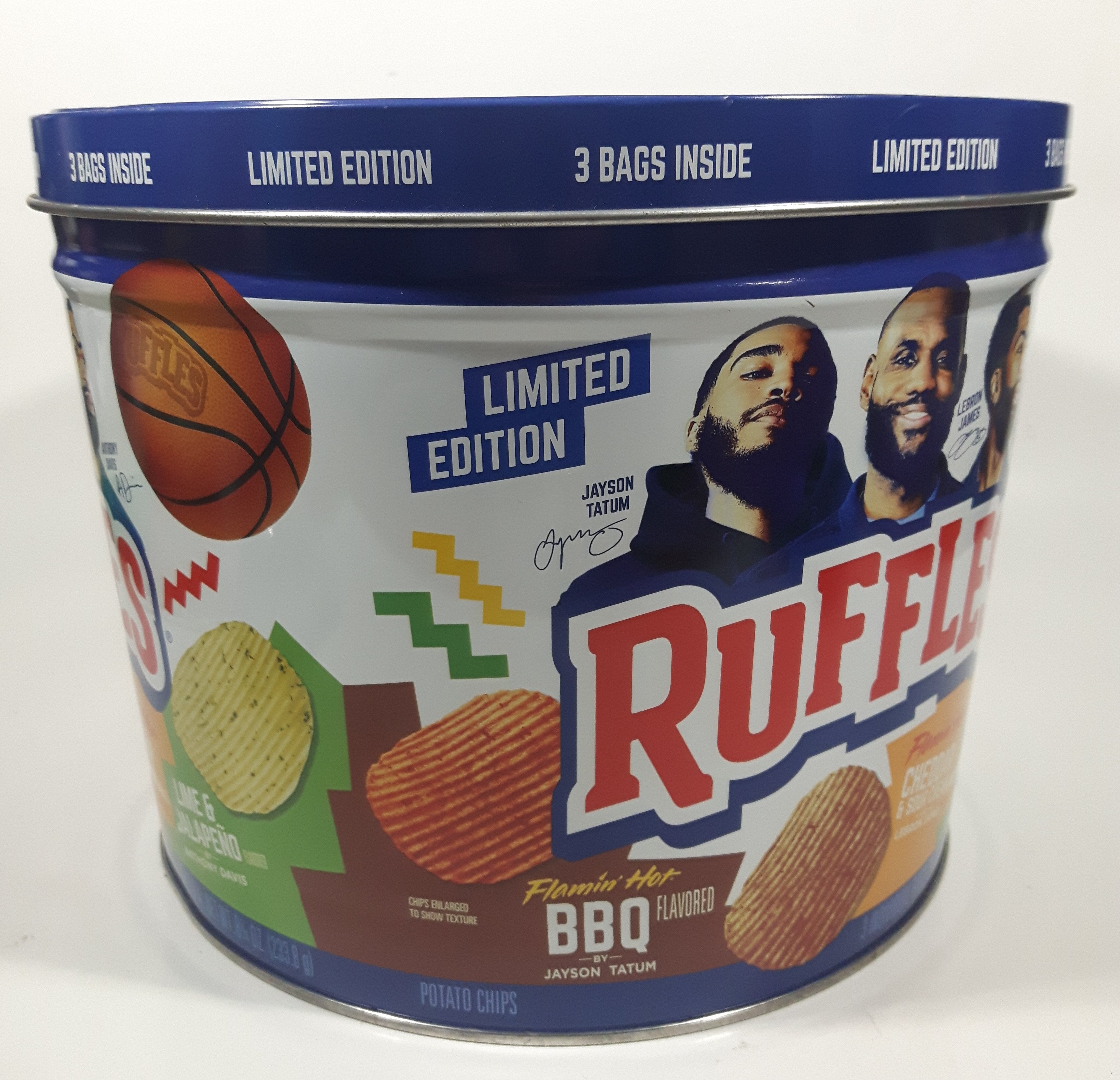 2021 Frito-Lay Ruffles Potato Chips Limited Edition Jayson Tatum Lebron James Anthony Davis Basketball Players Own Your Ridges 8" Tall Tin Metal Canister EMPTY 11