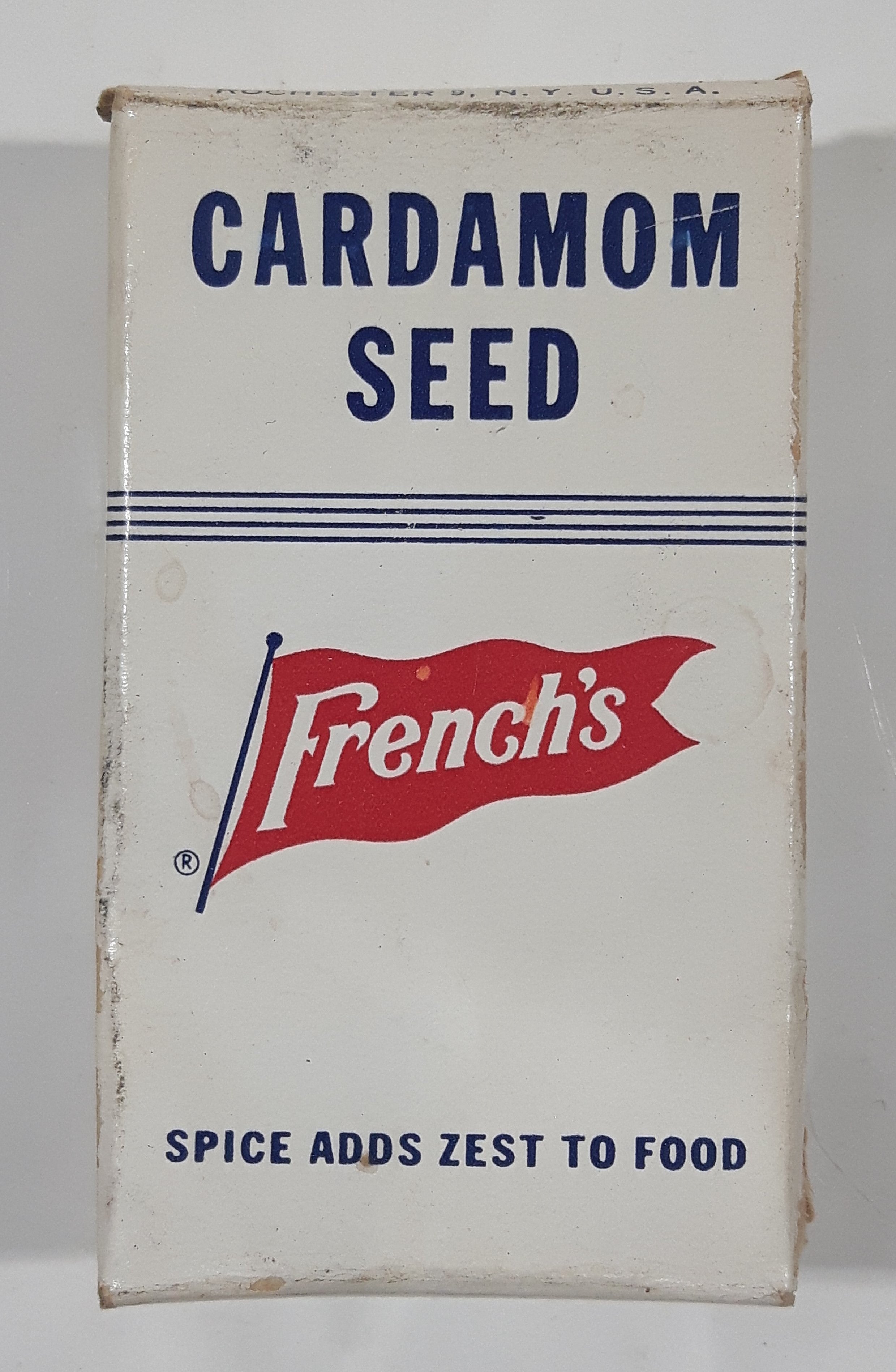 Vintage French's Cardamom Seed "Spice Adds Zest To Food" Small 2 1/2" Tall Food Box Never Opened 1