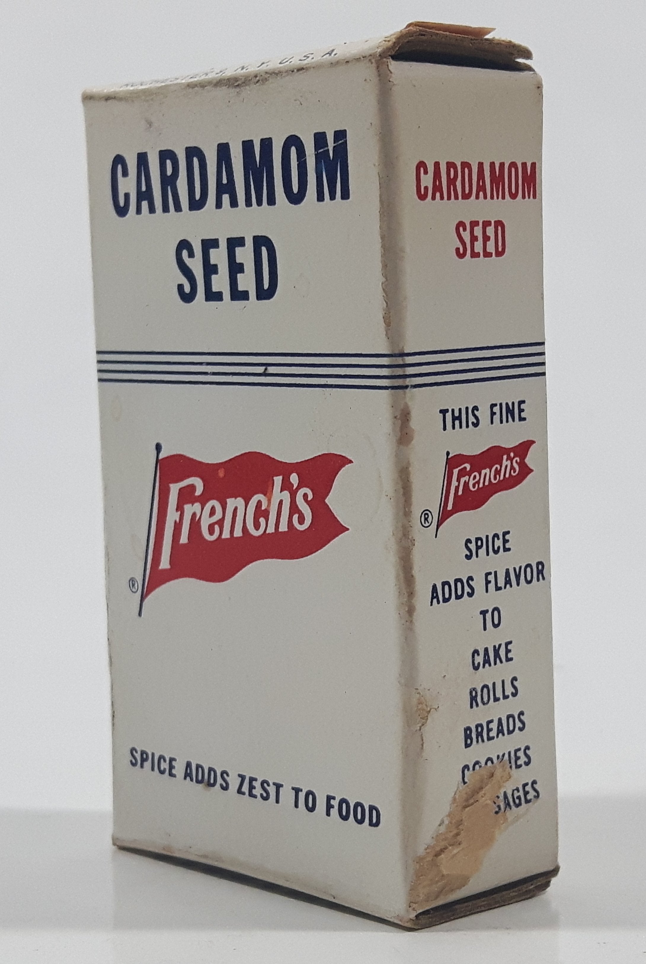 Vintage French's Cardamom Seed "Spice Adds Zest To Food" Small 2 1/2" Tall Food Box Never Opened 3