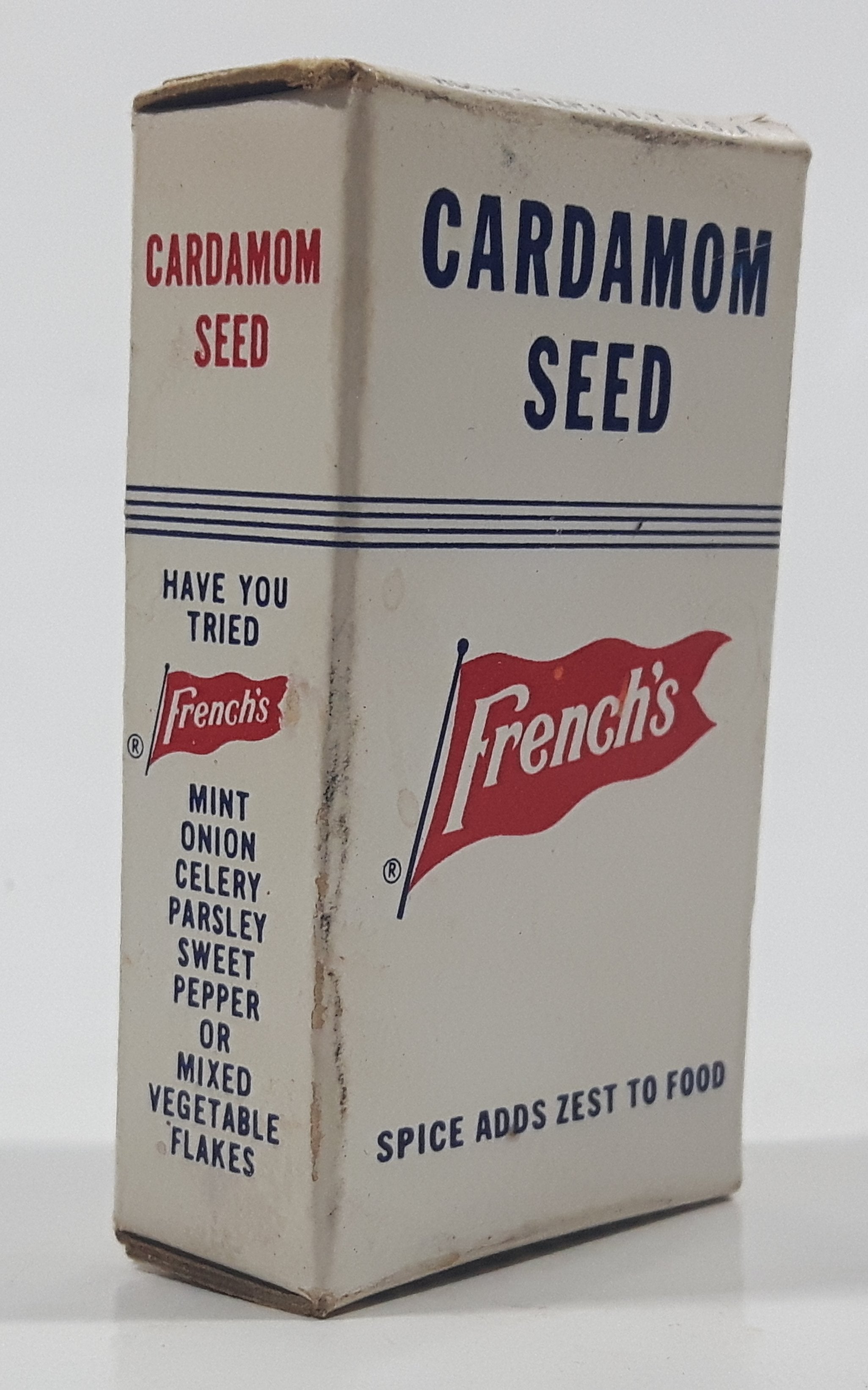 Vintage French's Cardamom Seed "Spice Adds Zest To Food" Small 2 1/2" Tall Food Box Never Opened 9