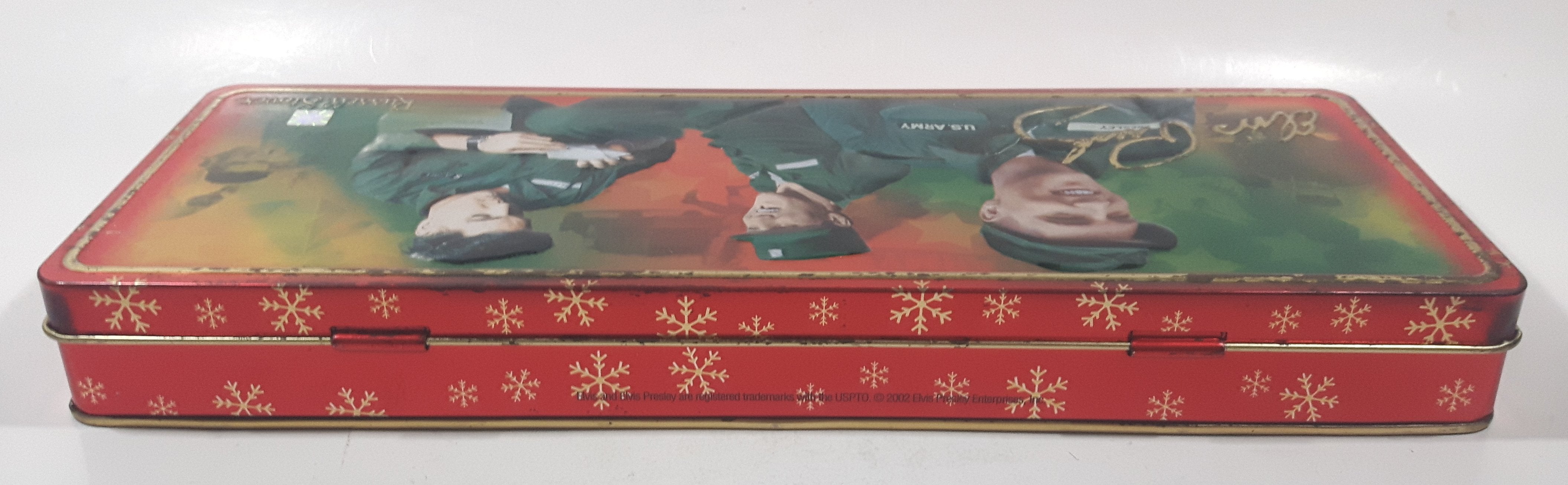 2002 Russell Stover Elvis Presley Enterprises Elvis Presley U.S. Army 12 3/8" Long Embossed Tin Metal Container 4