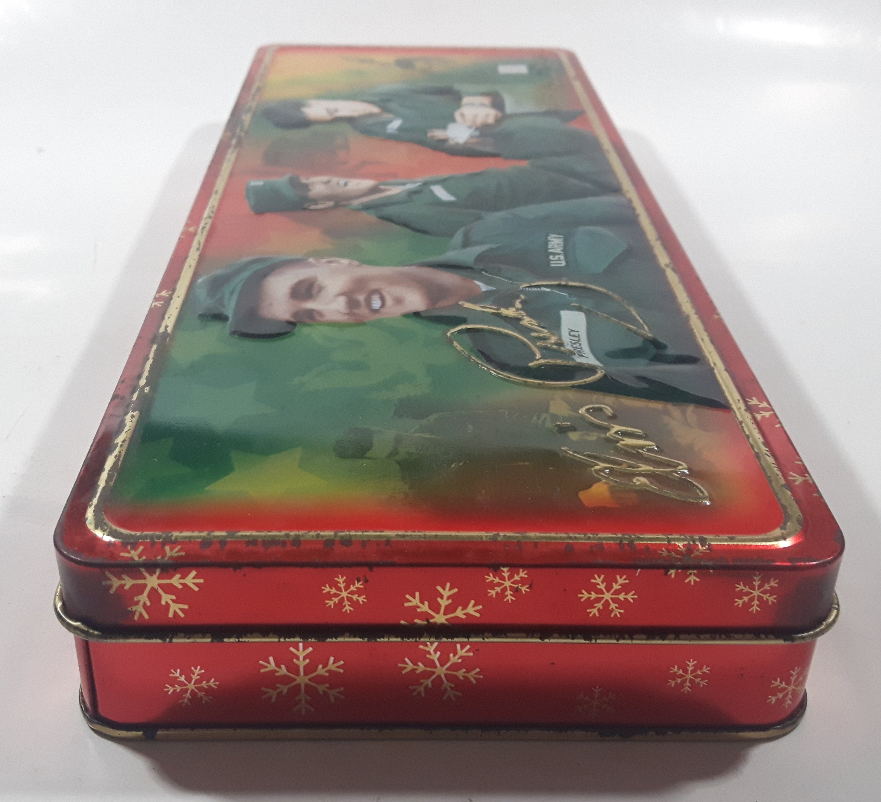 2002 Russell Stover Elvis Presley Enterprises Elvis Presley U.S. Army 12 3/8" Long Embossed Tin Metal Container 5