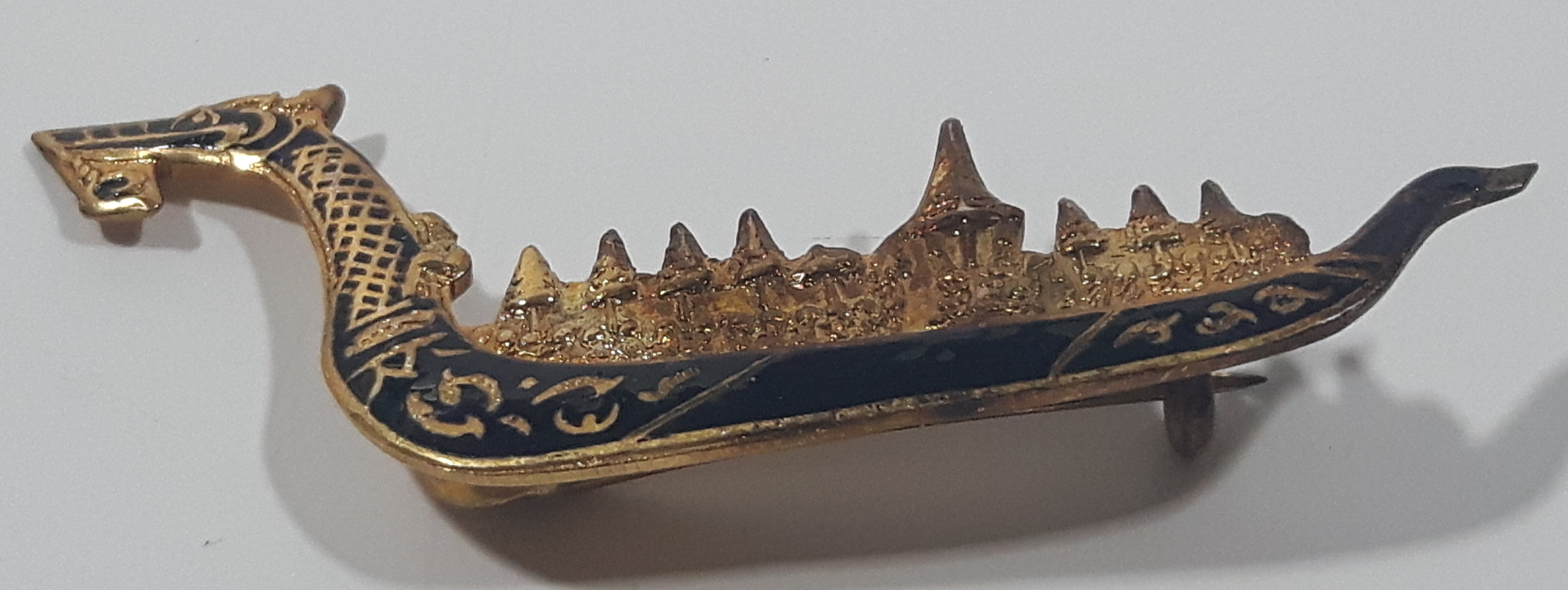 Vintage Siam Thailand Dragon Boat Gold Look Metal Pin 2