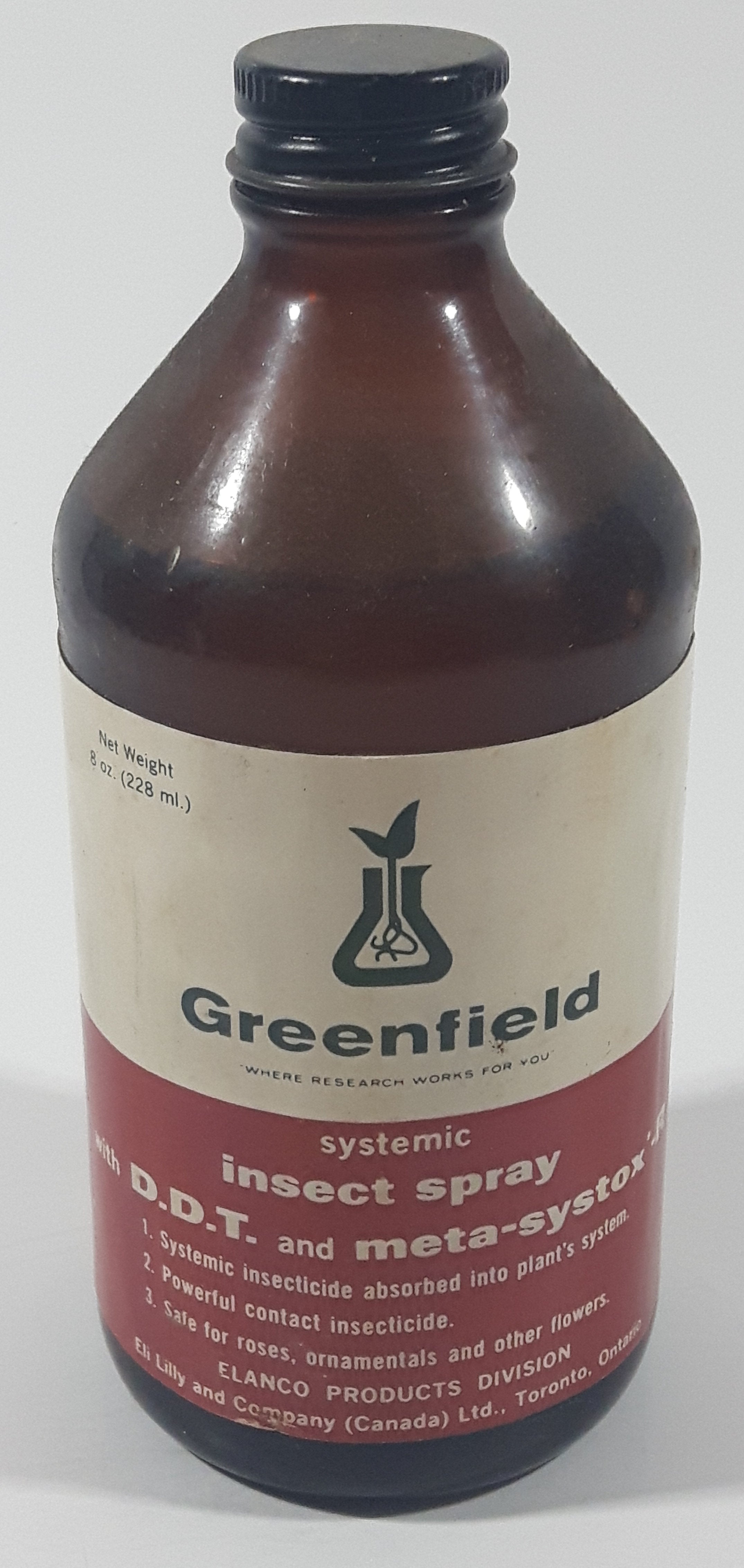 Vintage Elanco Products Greenfield Systemic Insect Spray 228mL 8 Fl Oz 5 1/2" Tall Brown Glass Bottle 12