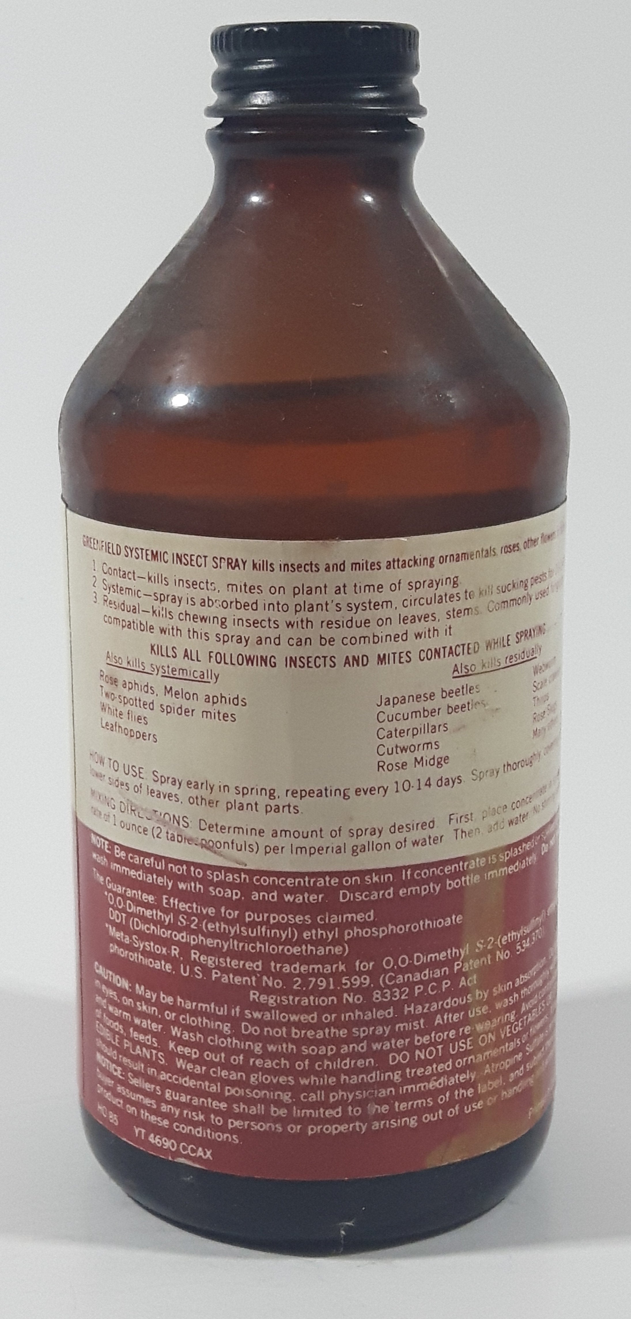 Vintage Elanco Products Greenfield Systemic Insect Spray 228mL 8 Fl Oz 5 1/2" Tall Brown Glass Bottle 5