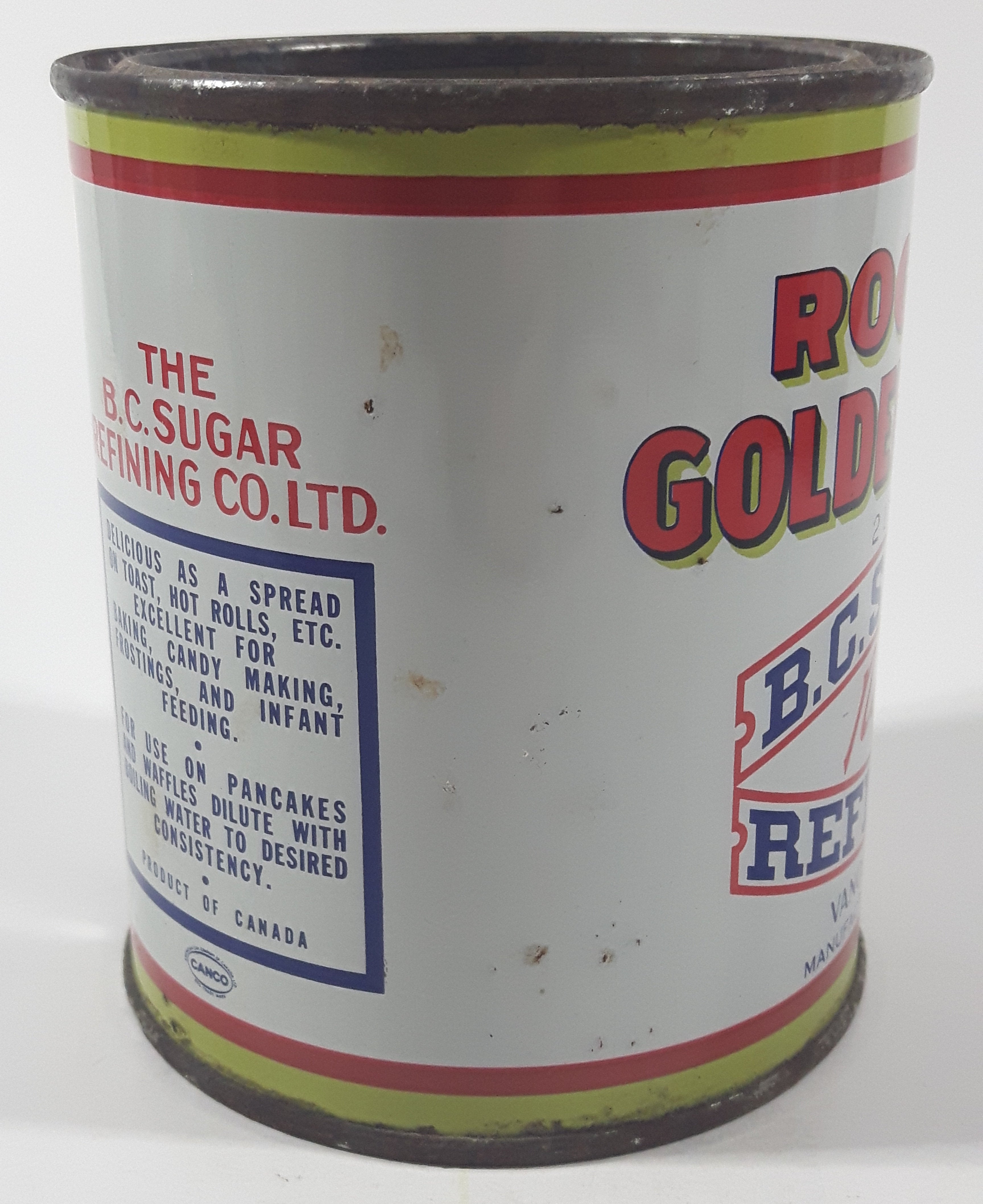Vintage Rogers Syrup Golden Sugar Vancouver, B.C. Sugar Refinery 2lb Tin Metal Can 9