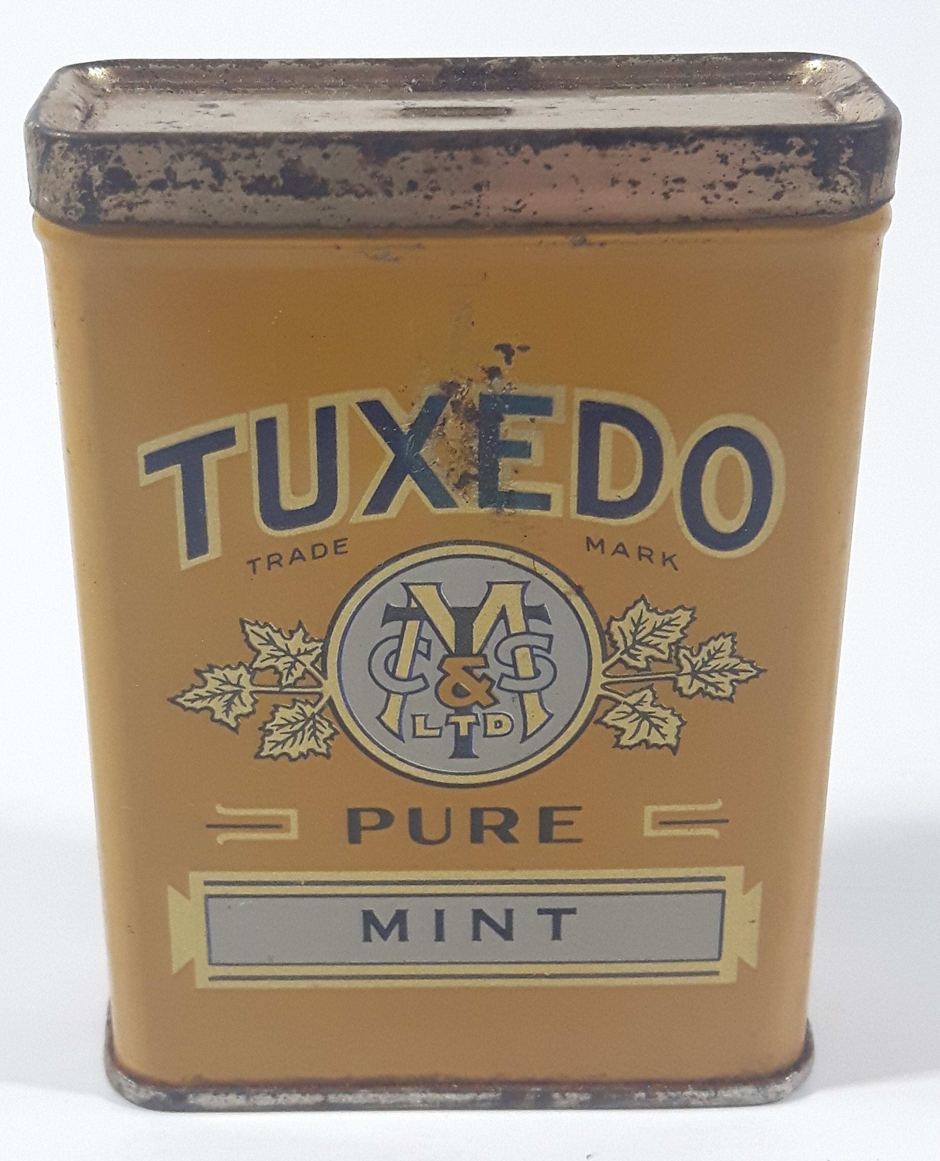 Vintage Tuxedo Pure Mint Yellow 3 1/4" Tall Tin Metal Spice Container 11