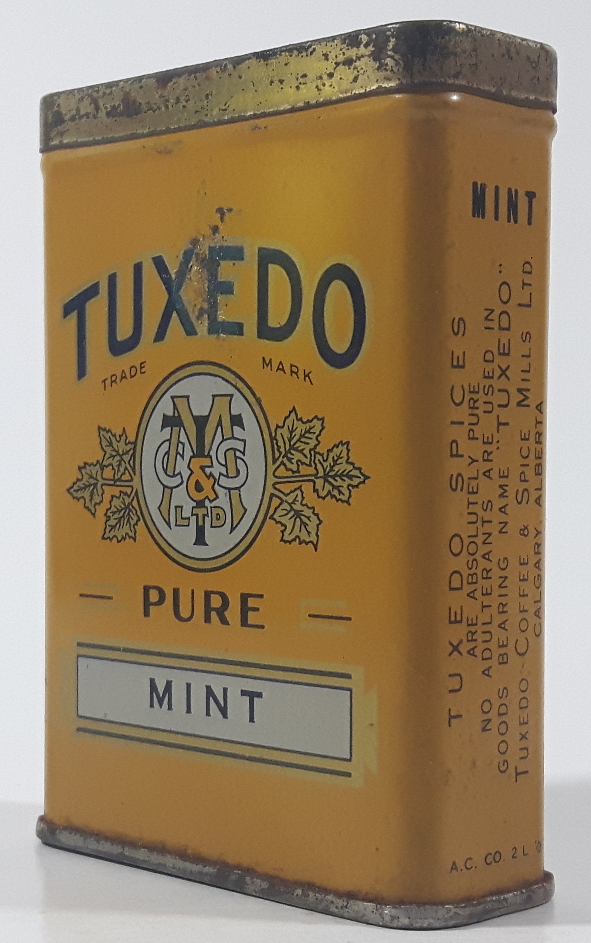 Vintage Tuxedo Pure Mint Yellow 3 1/4" Tall Tin Metal Spice Container 2