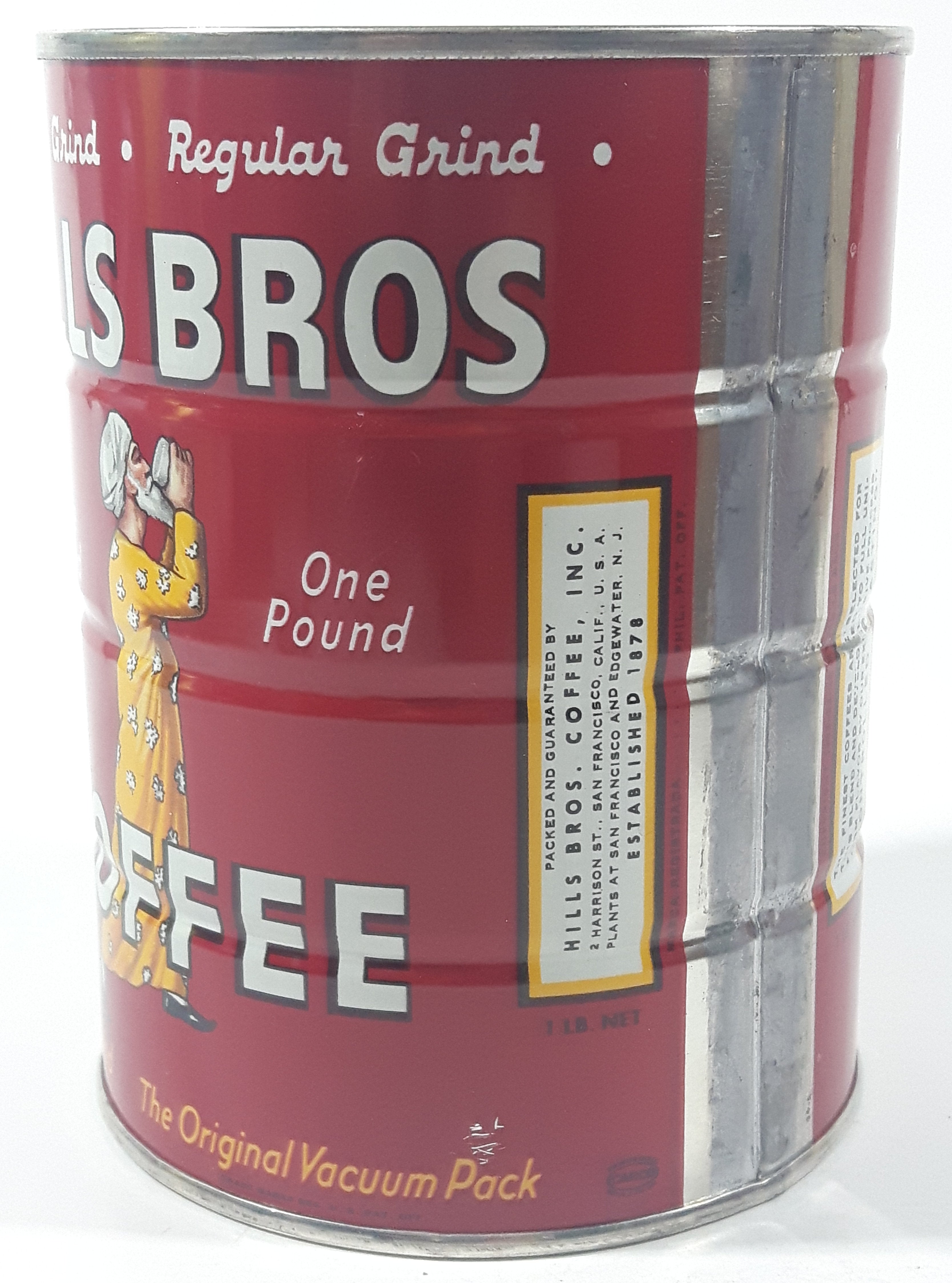 Vintage 1950s Hills Bros. Coffee One Pound Red 5 3/8" Tall Metal Can 2