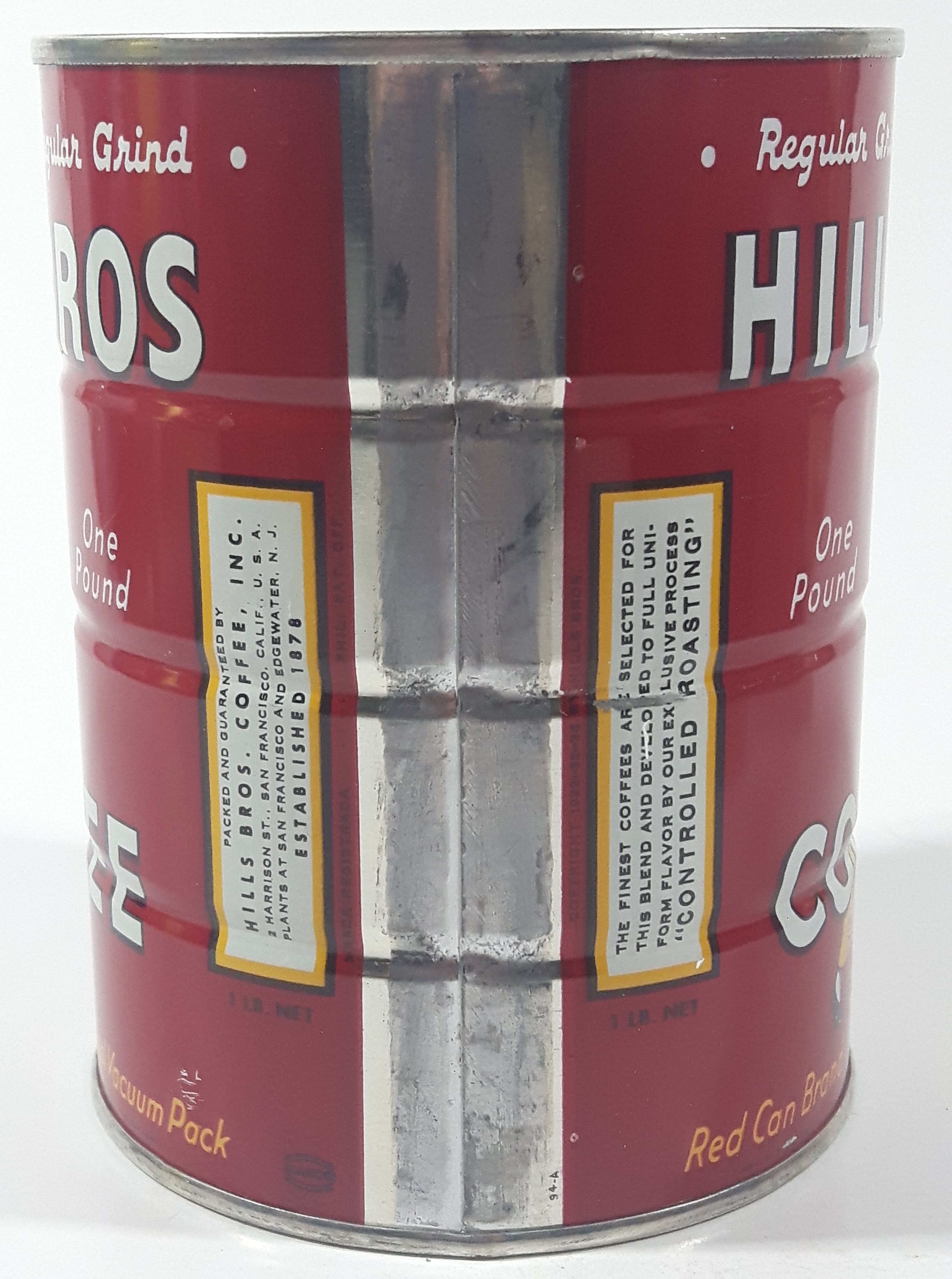 Vintage 1950s Hills Bros. Coffee One Pound Red 5 3/8" Tall Metal Can 3