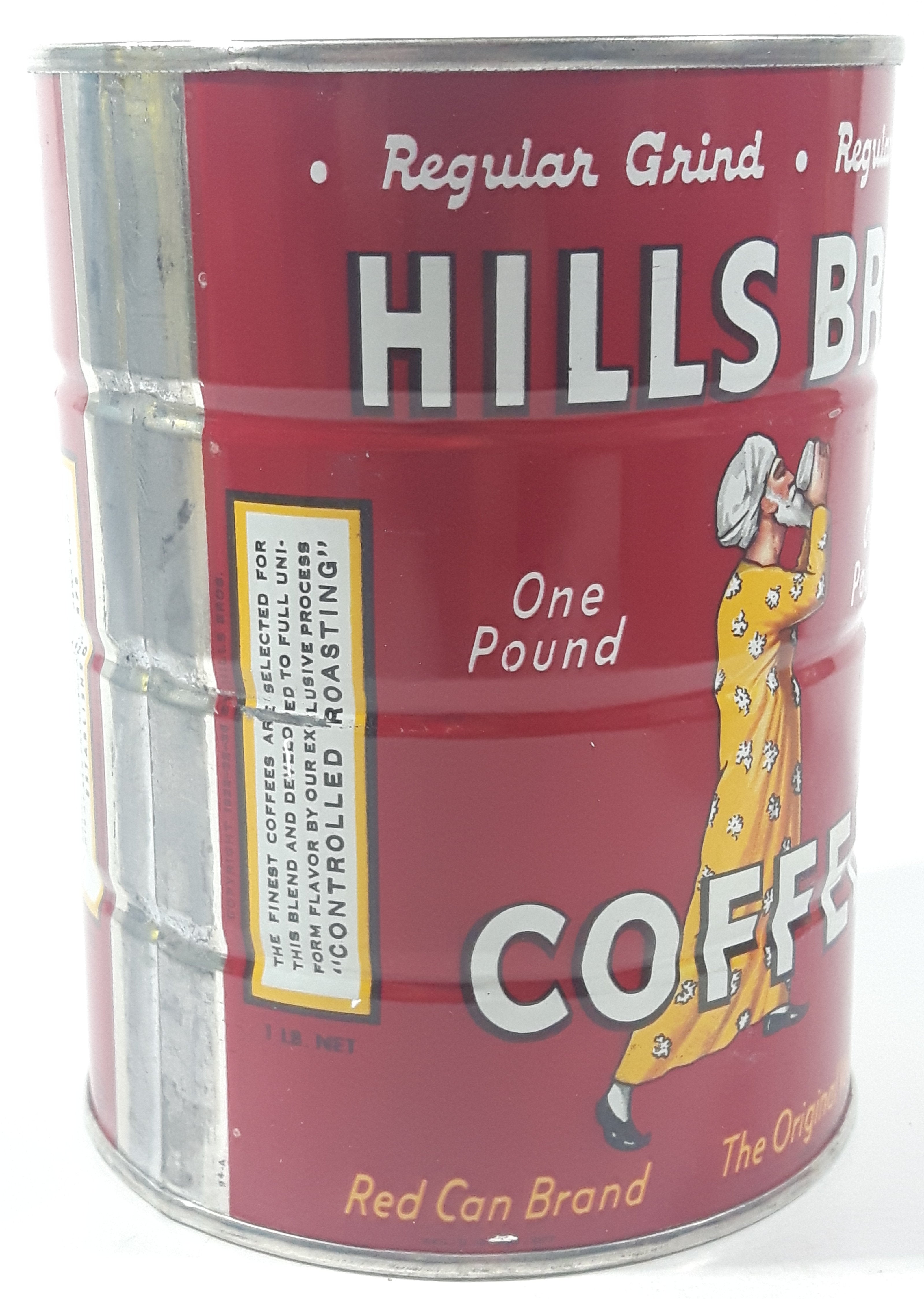 Vintage 1950s Hills Bros. Coffee One Pound Red 5 3/8" Tall Metal Can 4