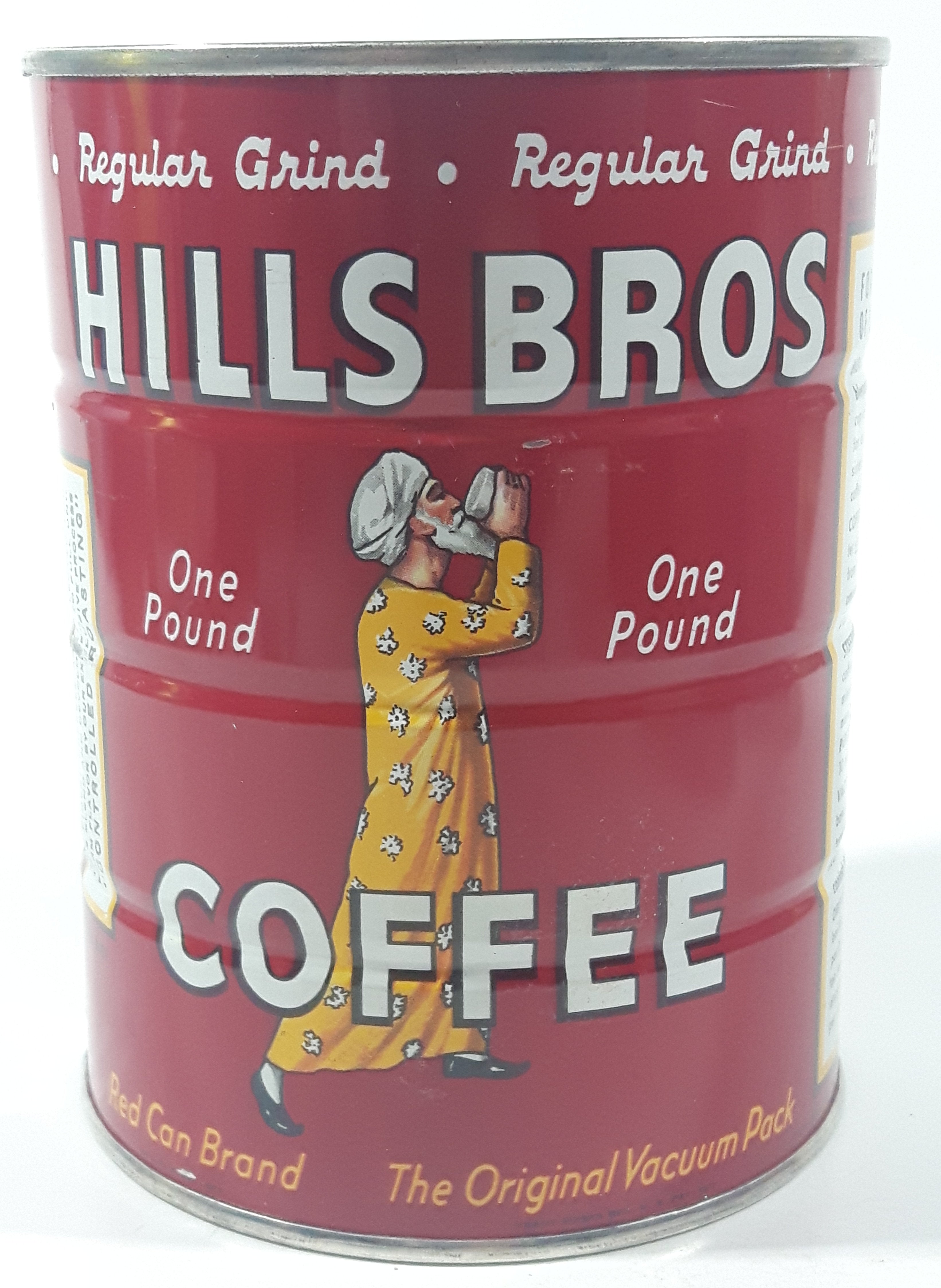Vintage 1950s Hills Bros. Coffee One Pound Red 5 3/8" Tall Metal Can 5