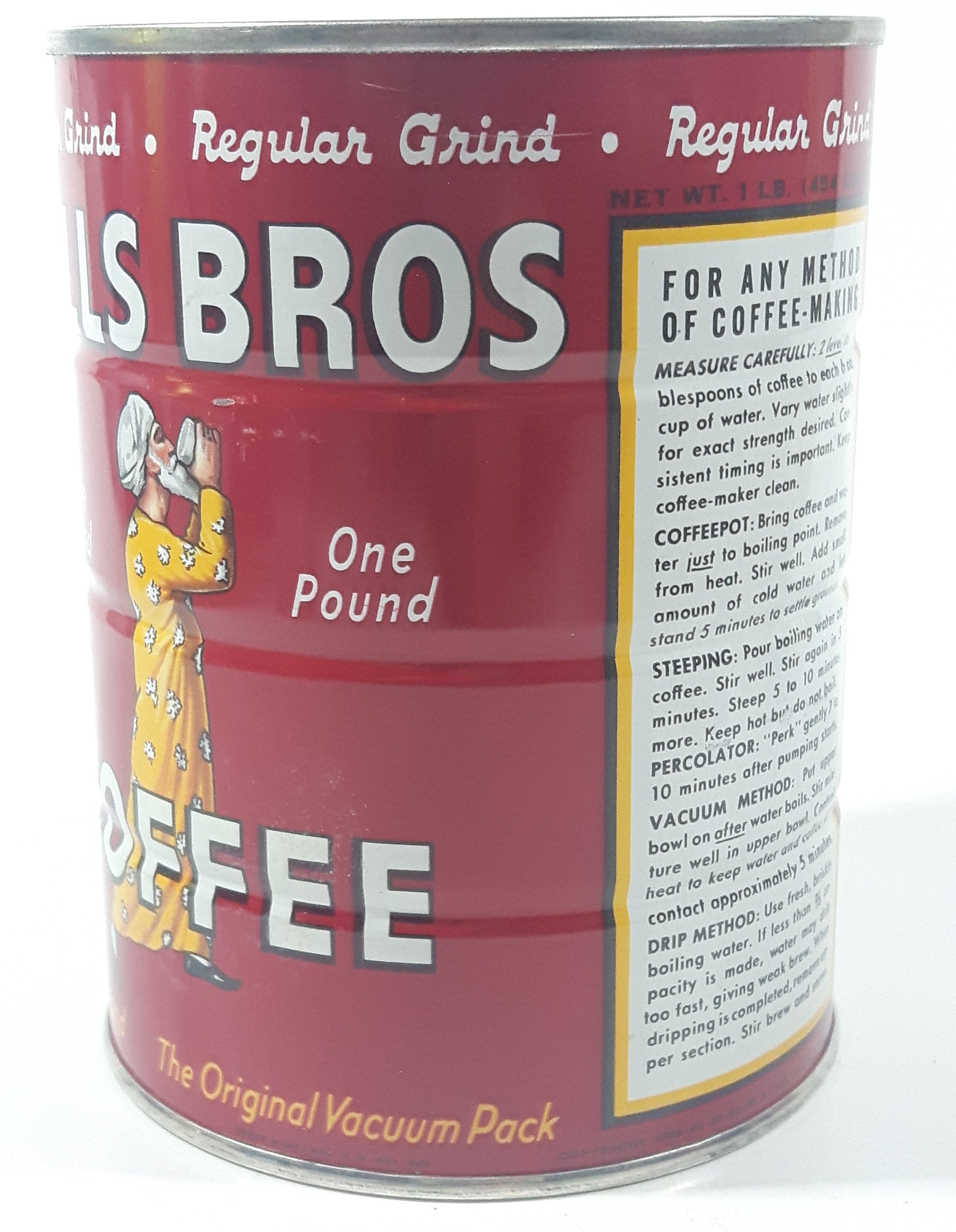 Vintage 1950s Hills Bros. Coffee One Pound Red 5 3/8" Tall Metal Can 6