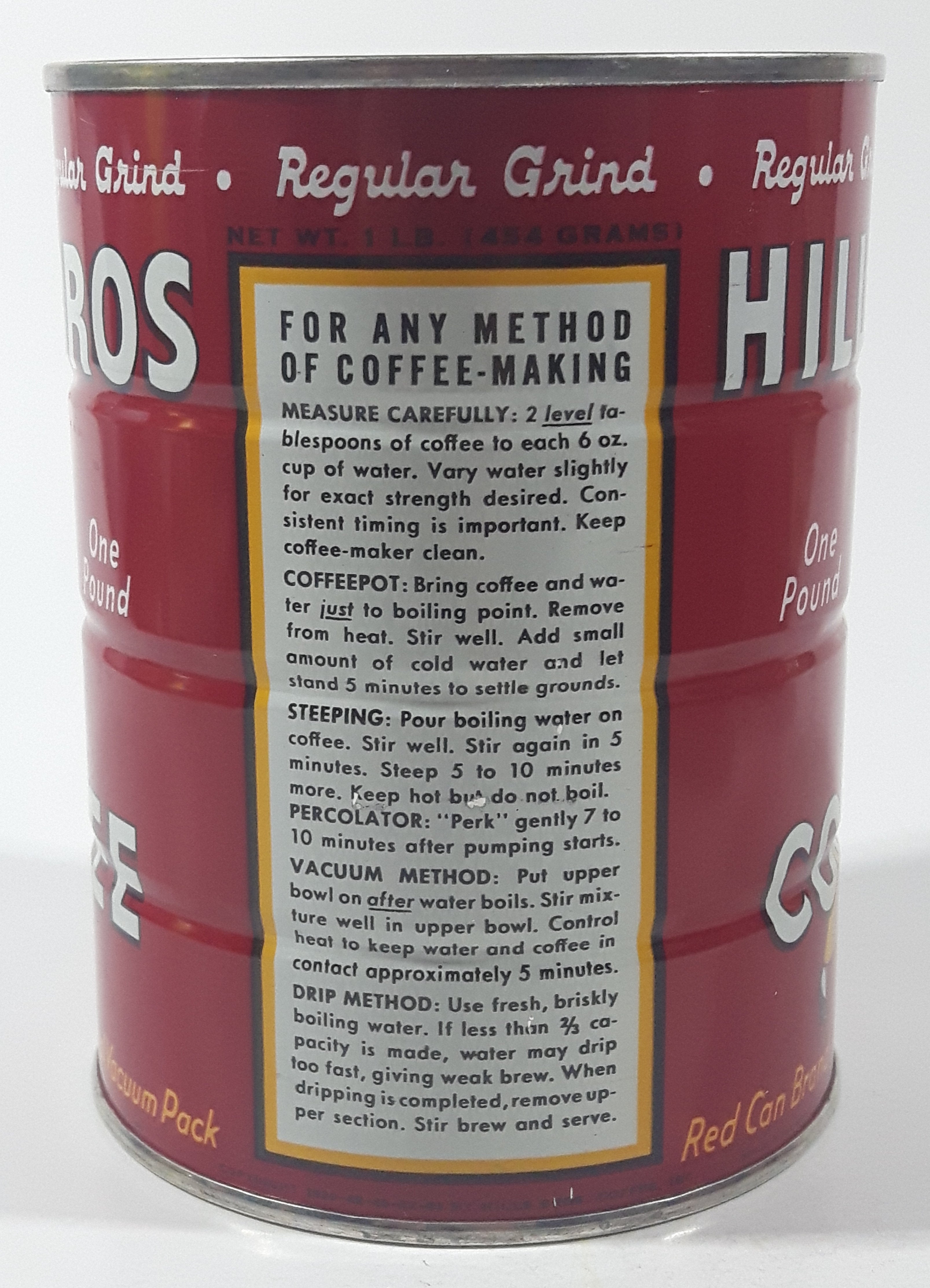Vintage 1950s Hills Bros. Coffee One Pound Red 5 3/8" Tall Metal Can 7