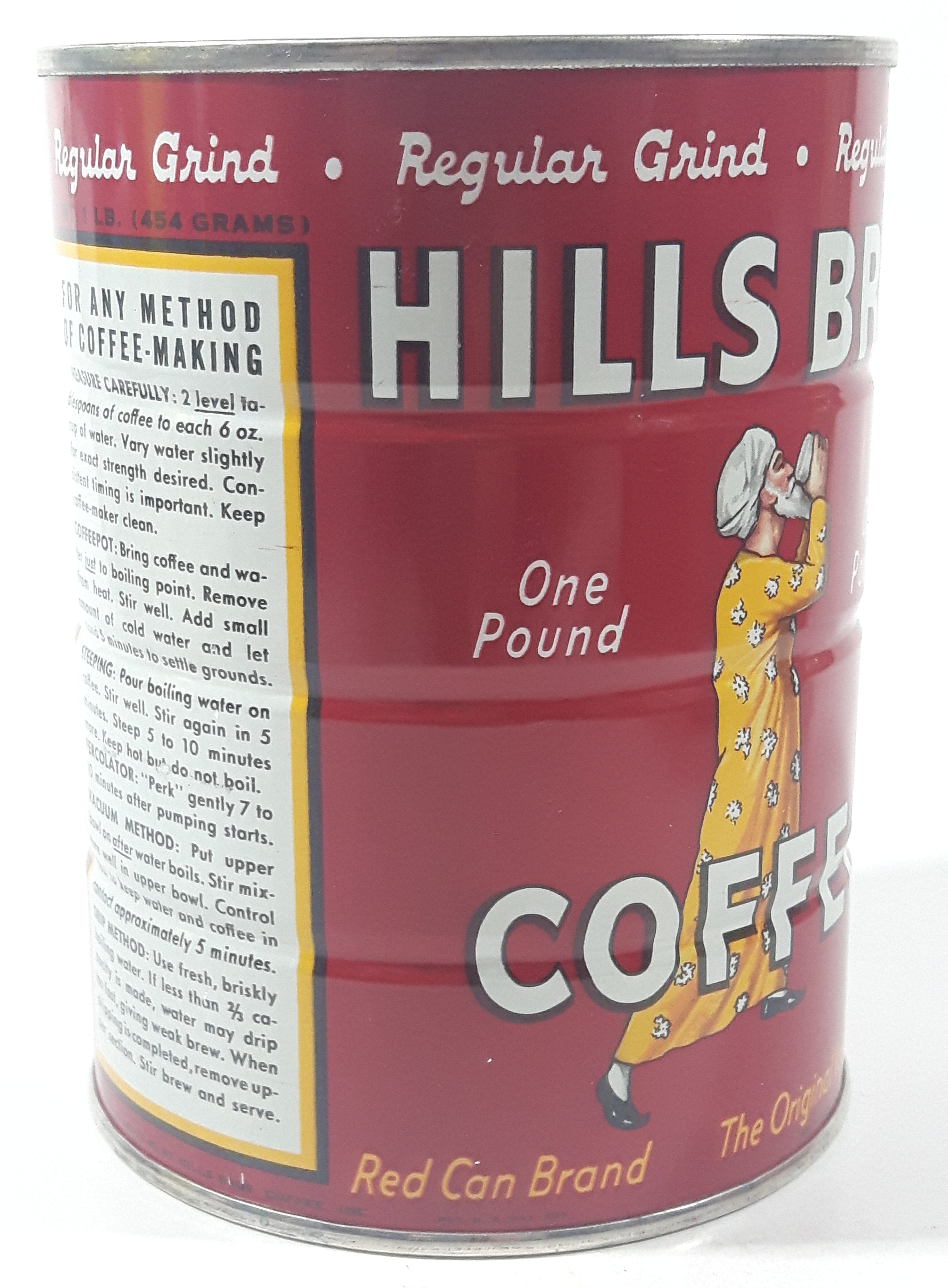 Vintage 1950s Hills Bros. Coffee One Pound Red 5 3/8" Tall Metal Can 8