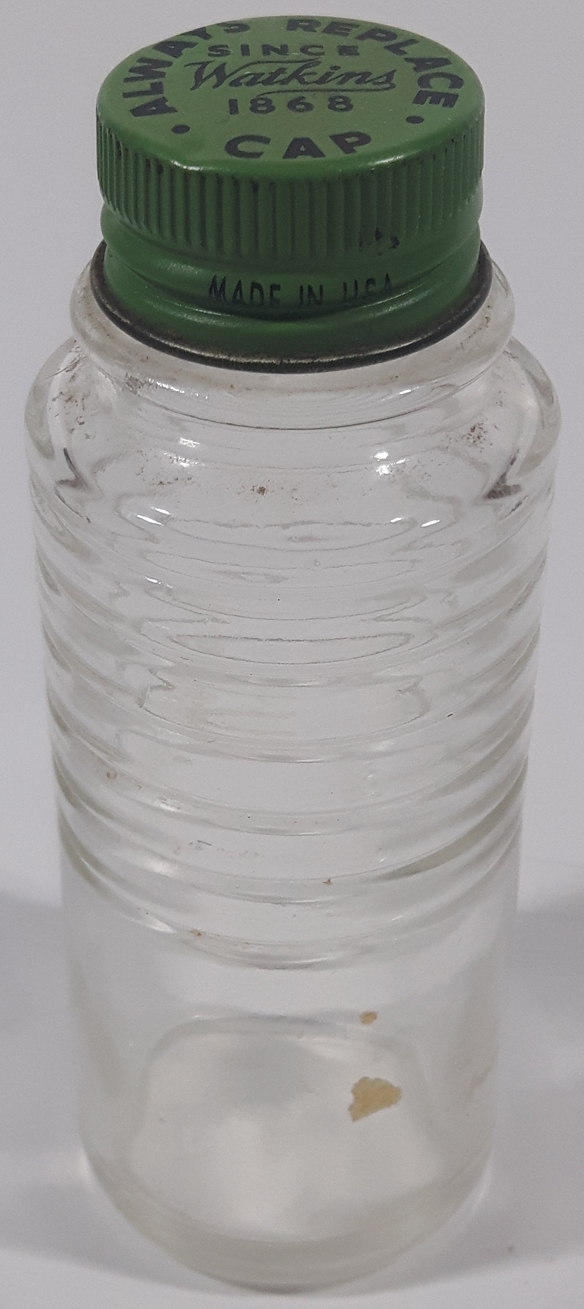 Antique Watkins Since 1868 4 3/8" Tall Ringed Glass Apothecary Bottle with Metal Lid