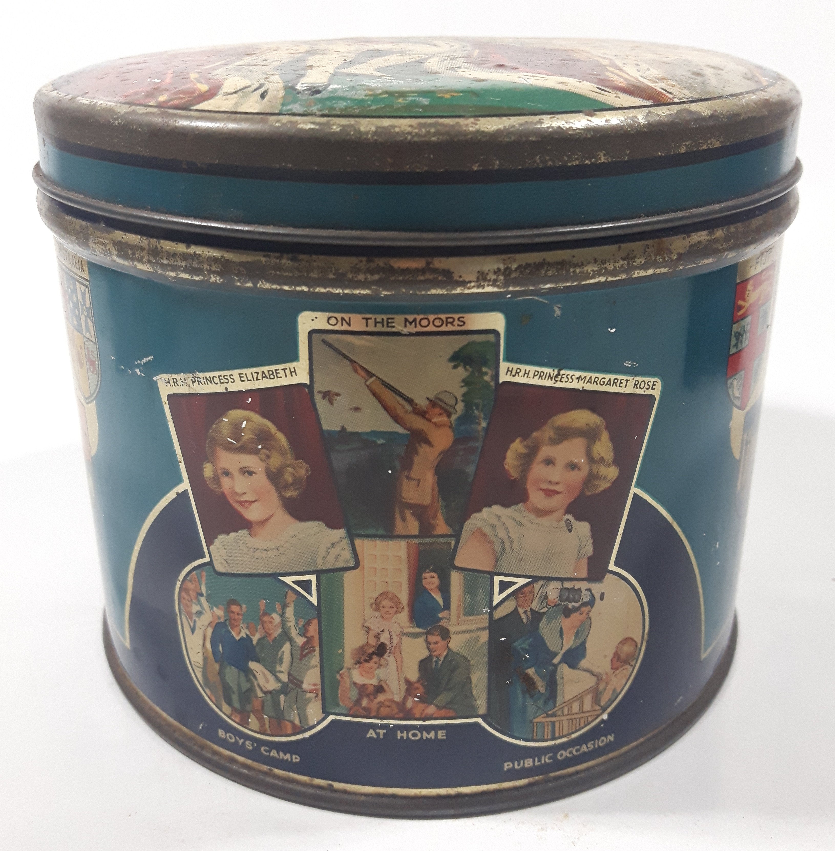Antique Huntley and Palmers Balmoral Biscuits 1937 Coronation King George VI Queen Elizabeth The Queen Mother Tall Tin Metal Container 2