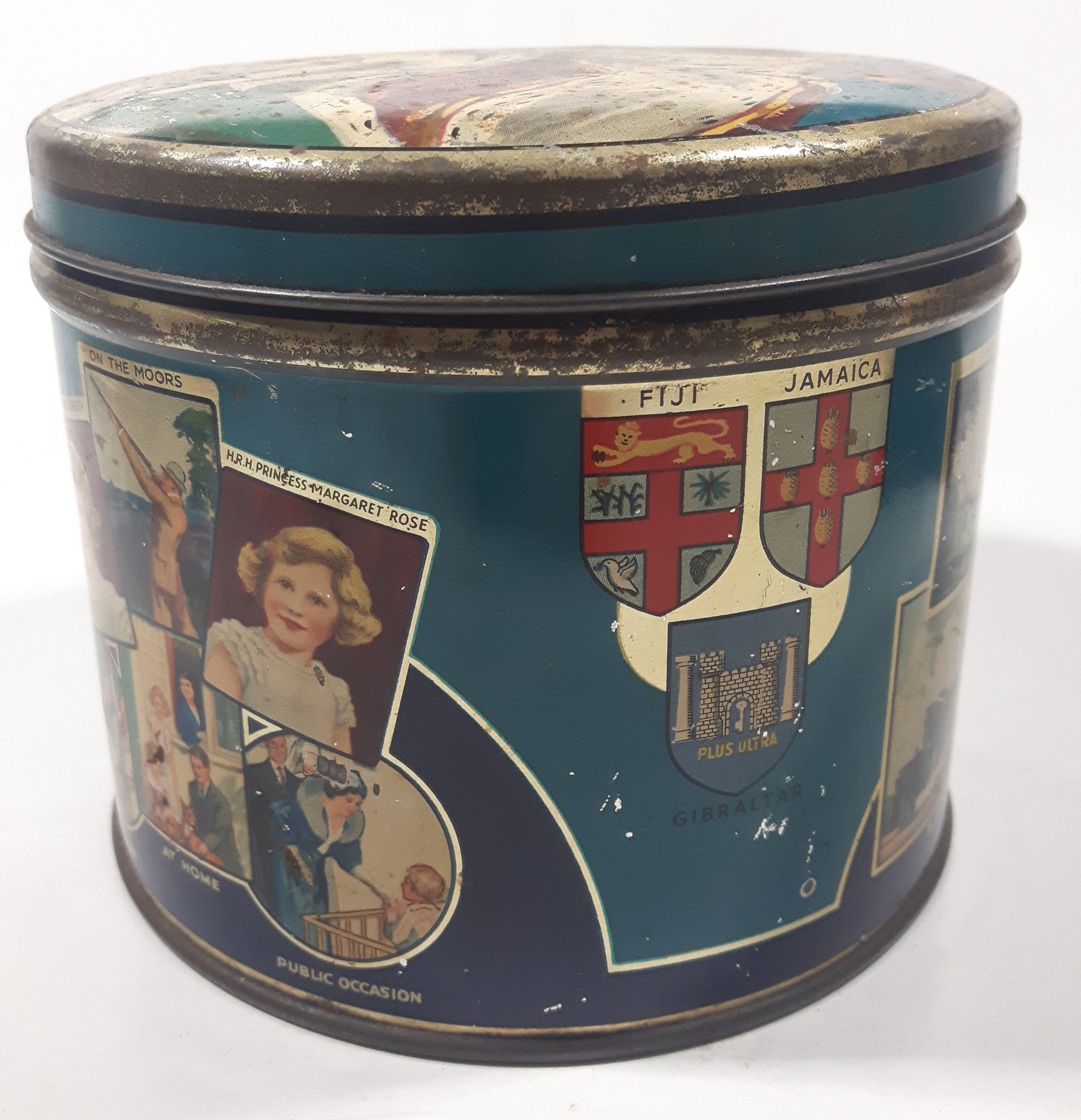 Antique Huntley and Palmers Balmoral Biscuits 1937 Coronation King George VI Queen Elizabeth The Queen Mother Tall Tin Metal Container 3