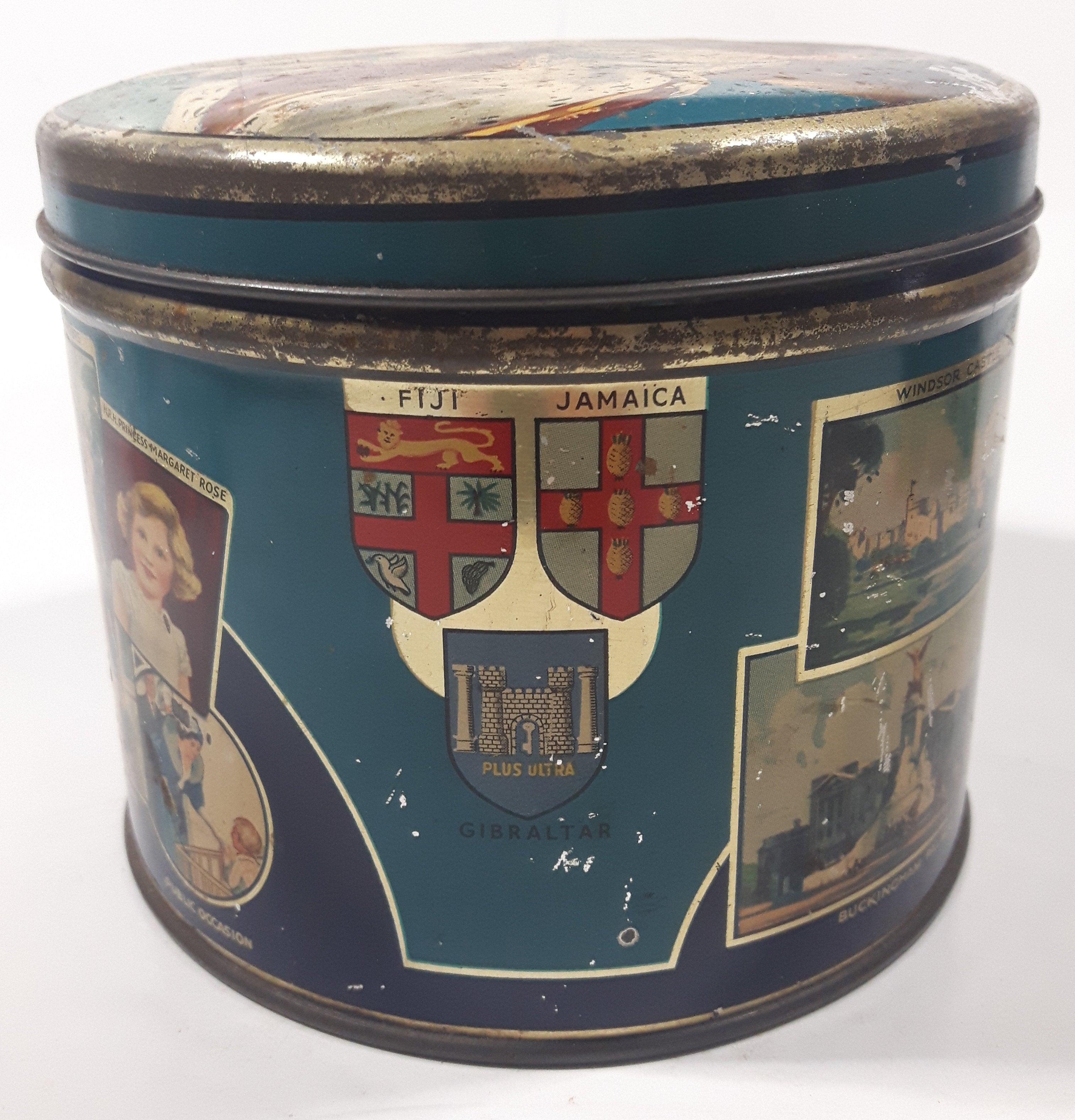 Antique Huntley and Palmers Balmoral Biscuits 1937 Coronation King George VI Queen Elizabeth The Queen Mother Tall Tin Metal Container 4