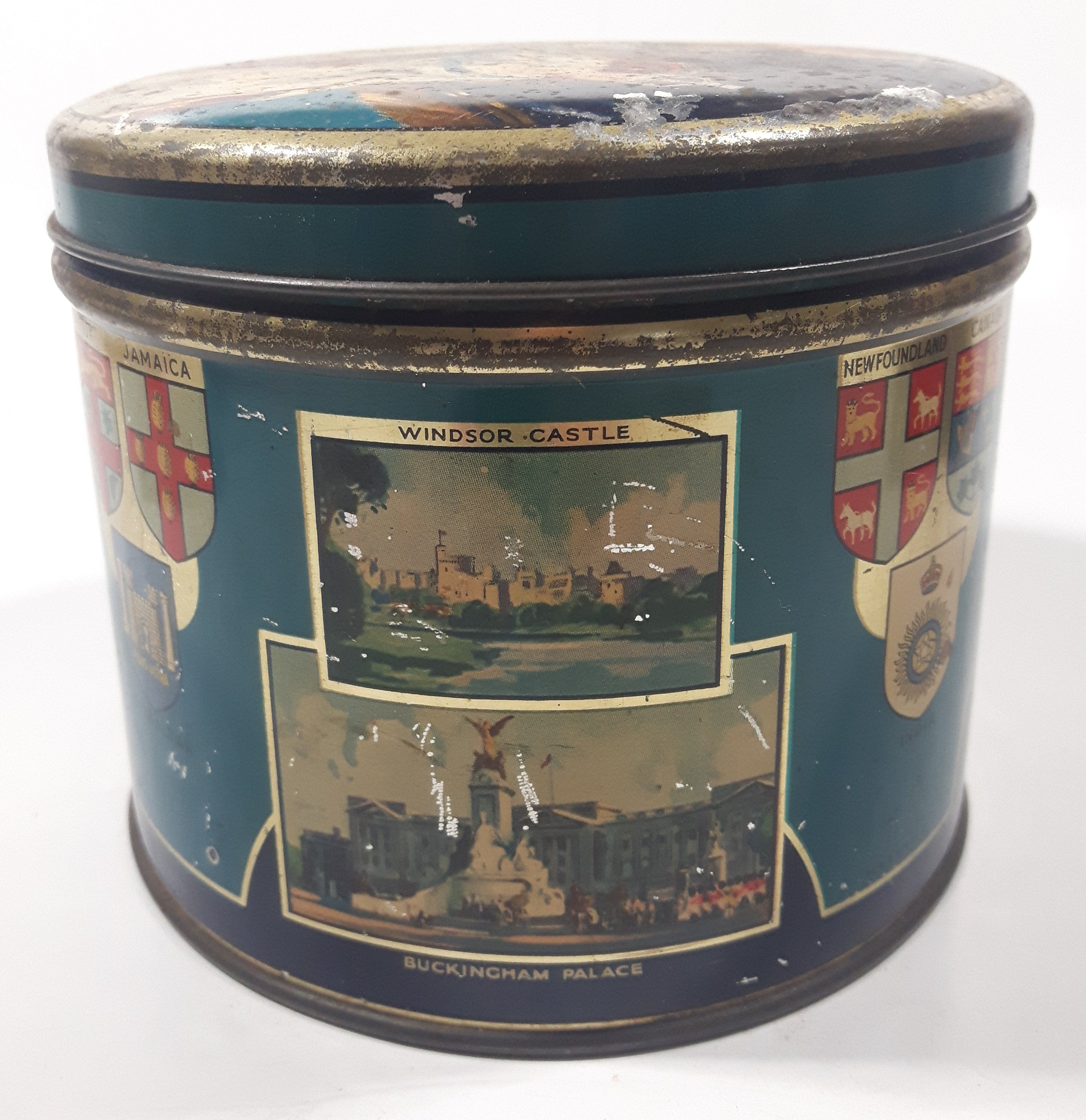 Antique Huntley and Palmers Balmoral Biscuits 1937 Coronation King George VI Queen Elizabeth The Queen Mother Tall Tin Metal Container 5