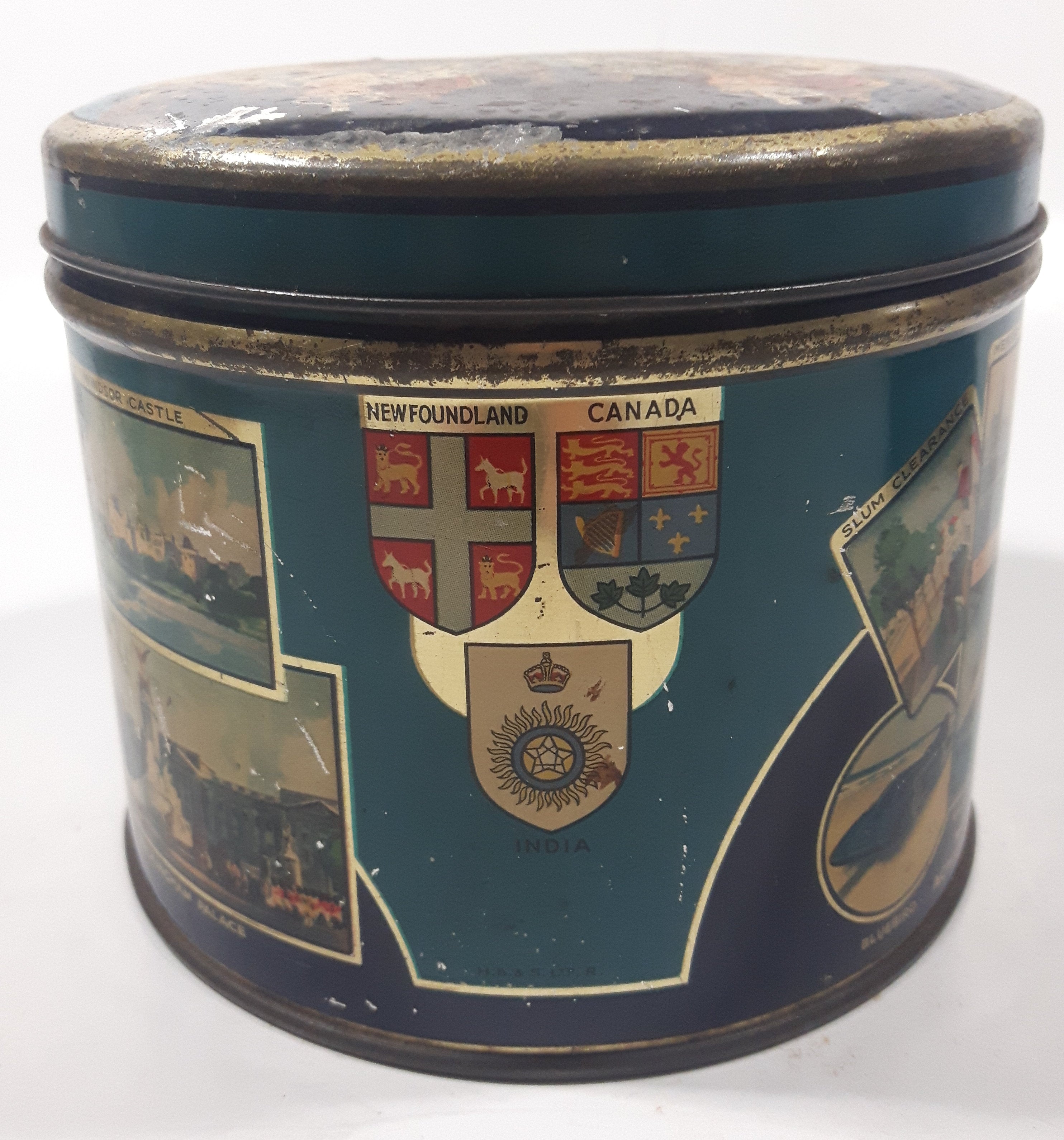 Antique Huntley and Palmers Balmoral Biscuits 1937 Coronation King George VI Queen Elizabeth The Queen Mother Tall Tin Metal Container 6