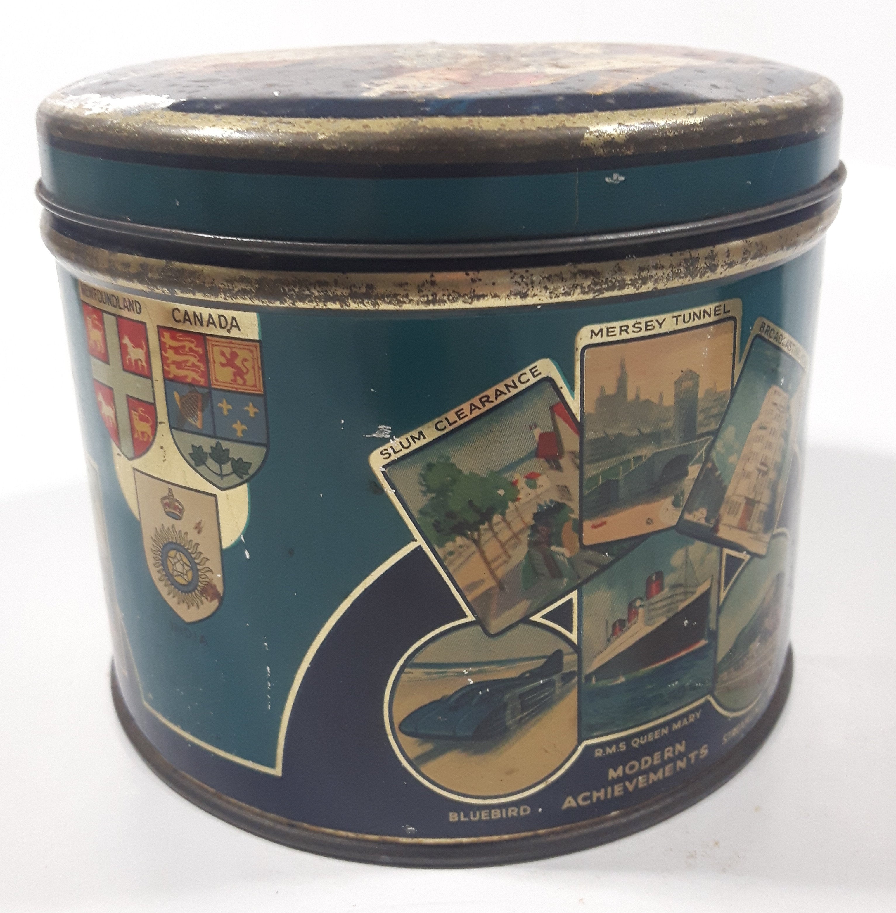 Antique Huntley and Palmers Balmoral Biscuits 1937 Coronation King George VI Queen Elizabeth The Queen Mother Tall Tin Metal Container 7