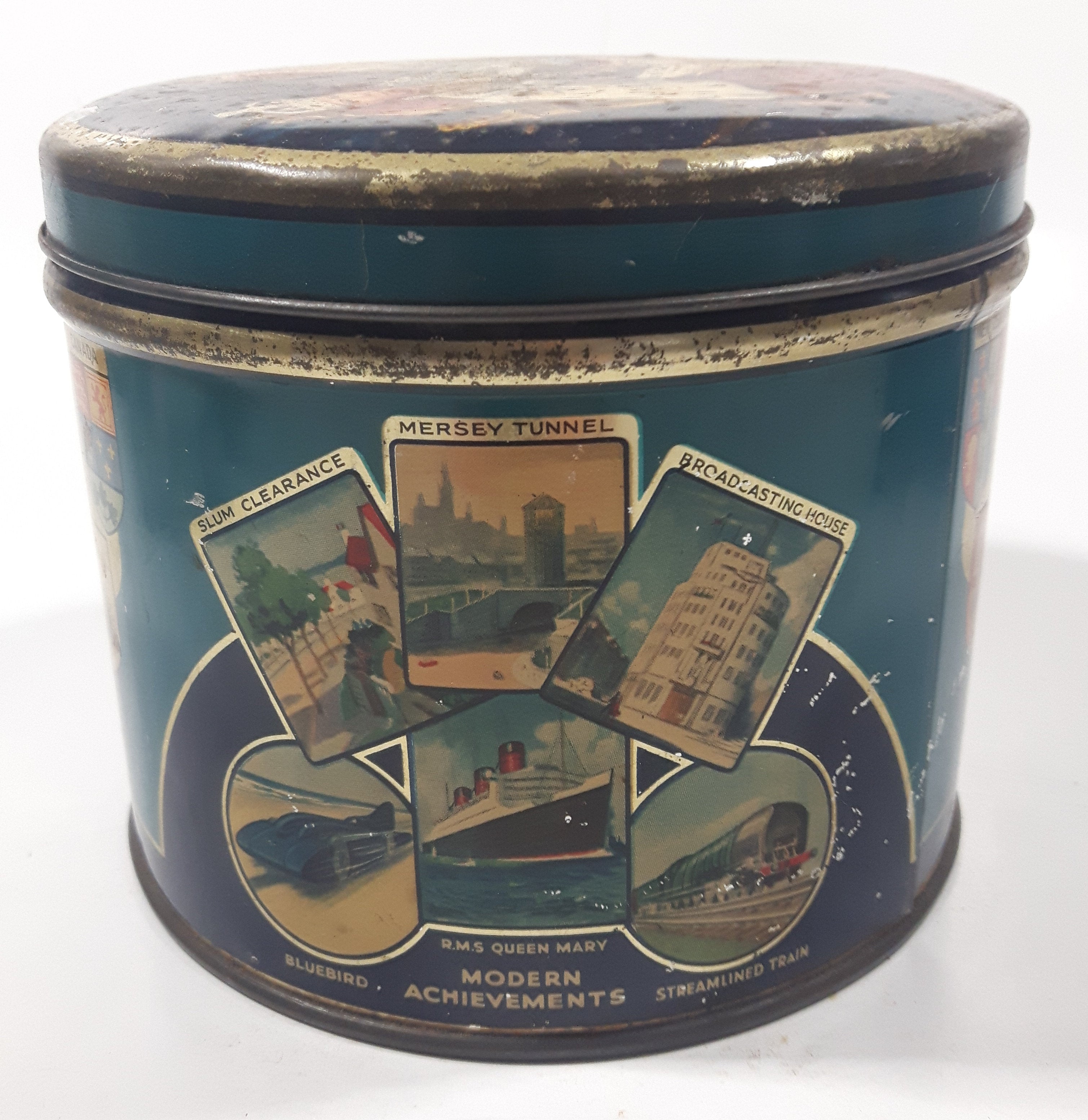 Antique Huntley and Palmers Balmoral Biscuits 1937 Coronation King George VI Queen Elizabeth The Queen Mother Tall Tin Metal Container 8