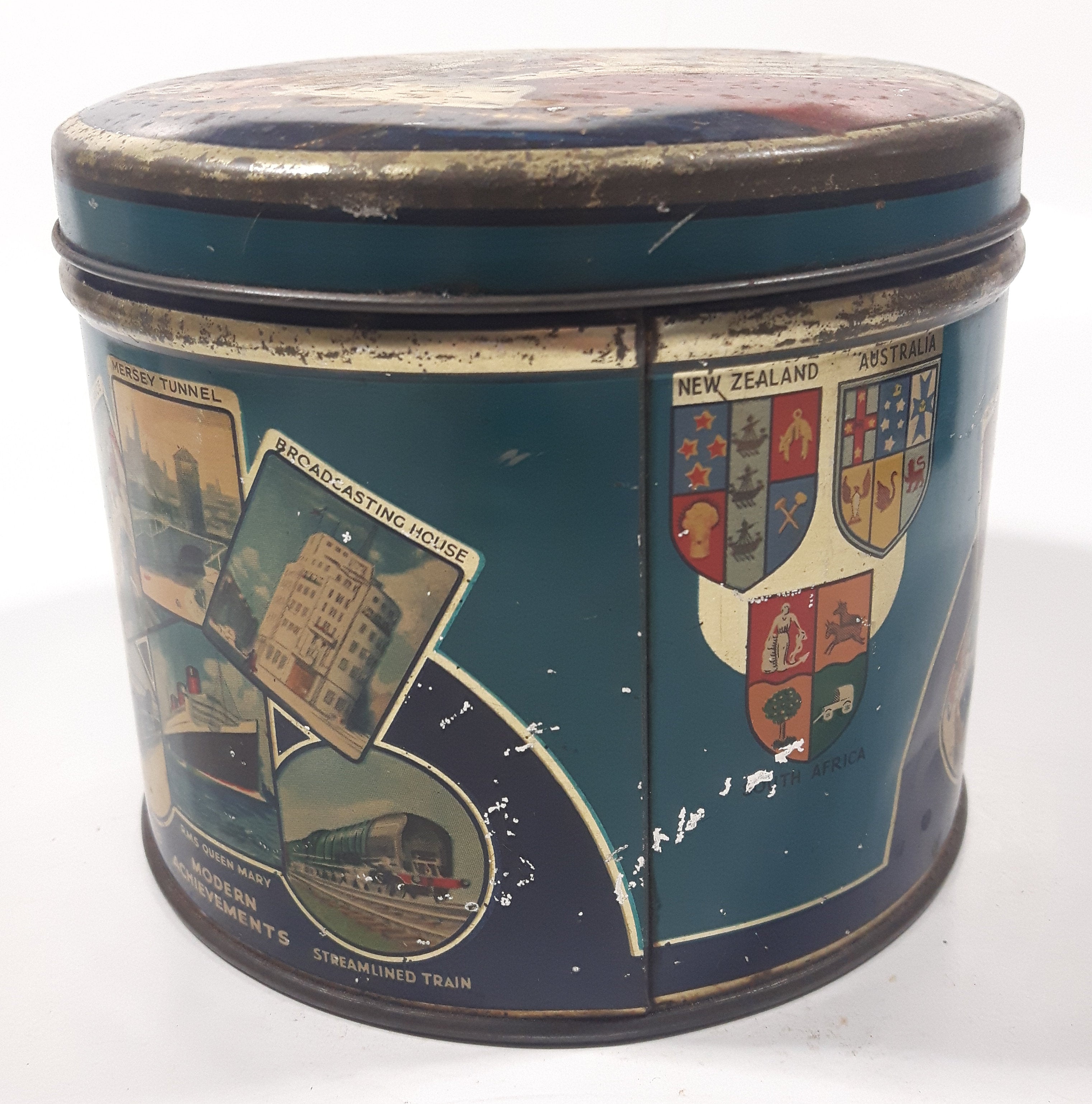 Antique Huntley and Palmers Balmoral Biscuits 1937 Coronation King George VI Queen Elizabeth The Queen Mother Tall Tin Metal Container 9