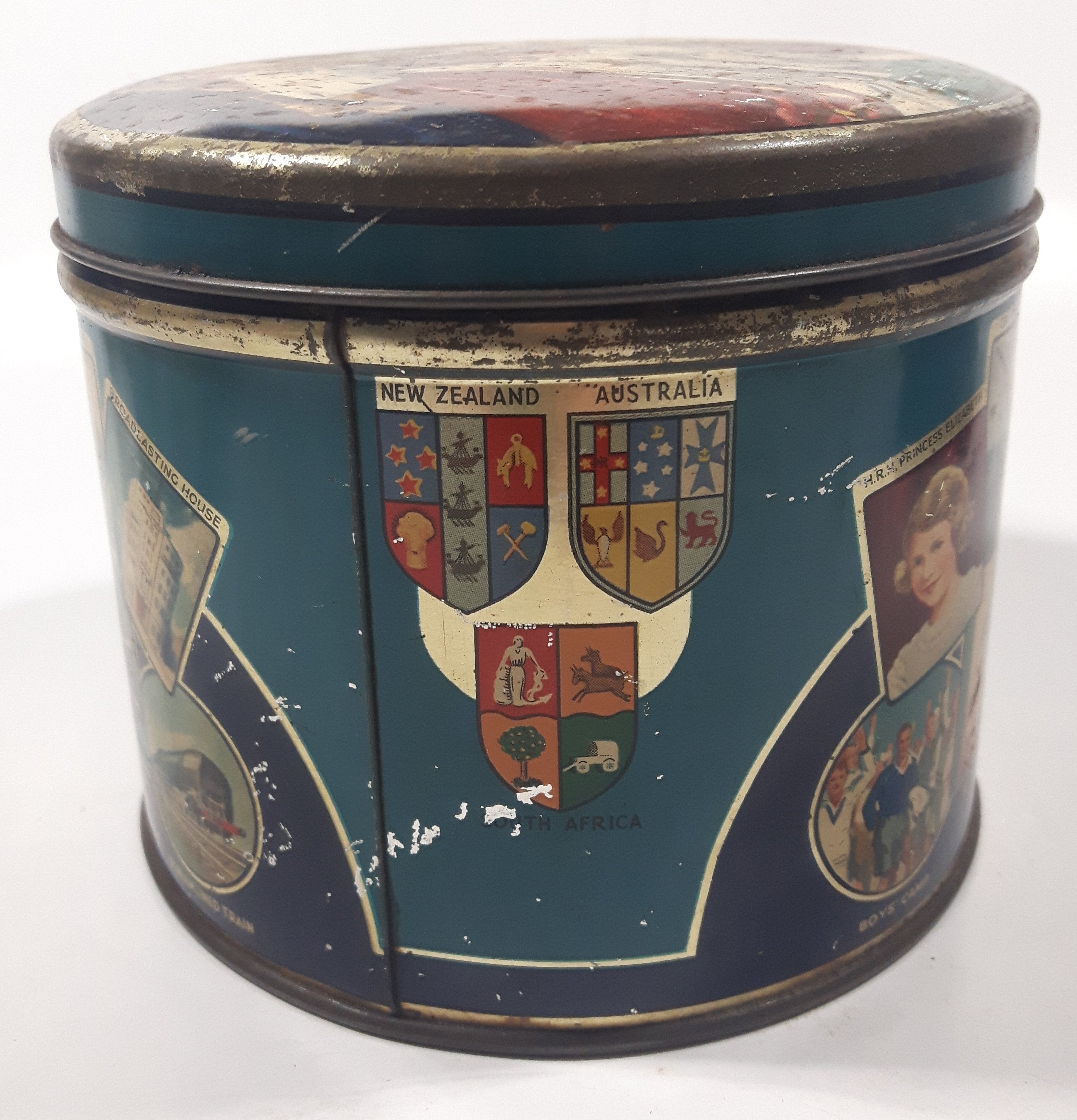 Antique Huntley and Palmers Balmoral Biscuits 1937 Coronation King George VI Queen Elizabeth The Queen Mother Tall Tin Metal Container 10