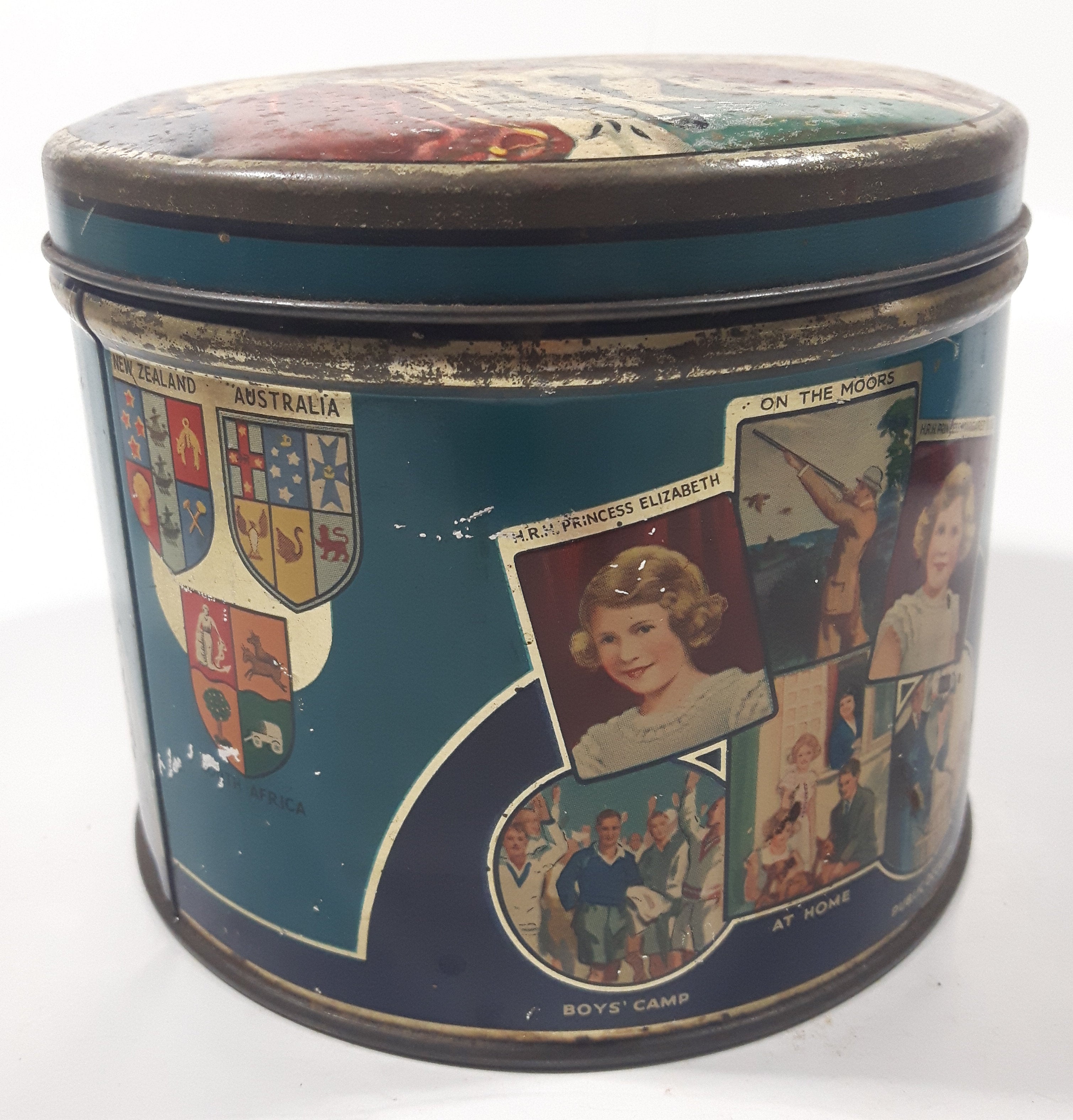 Antique Huntley and Palmers Balmoral Biscuits 1937 Coronation King George VI Queen Elizabeth The Queen Mother Tall Tin Metal Container 11