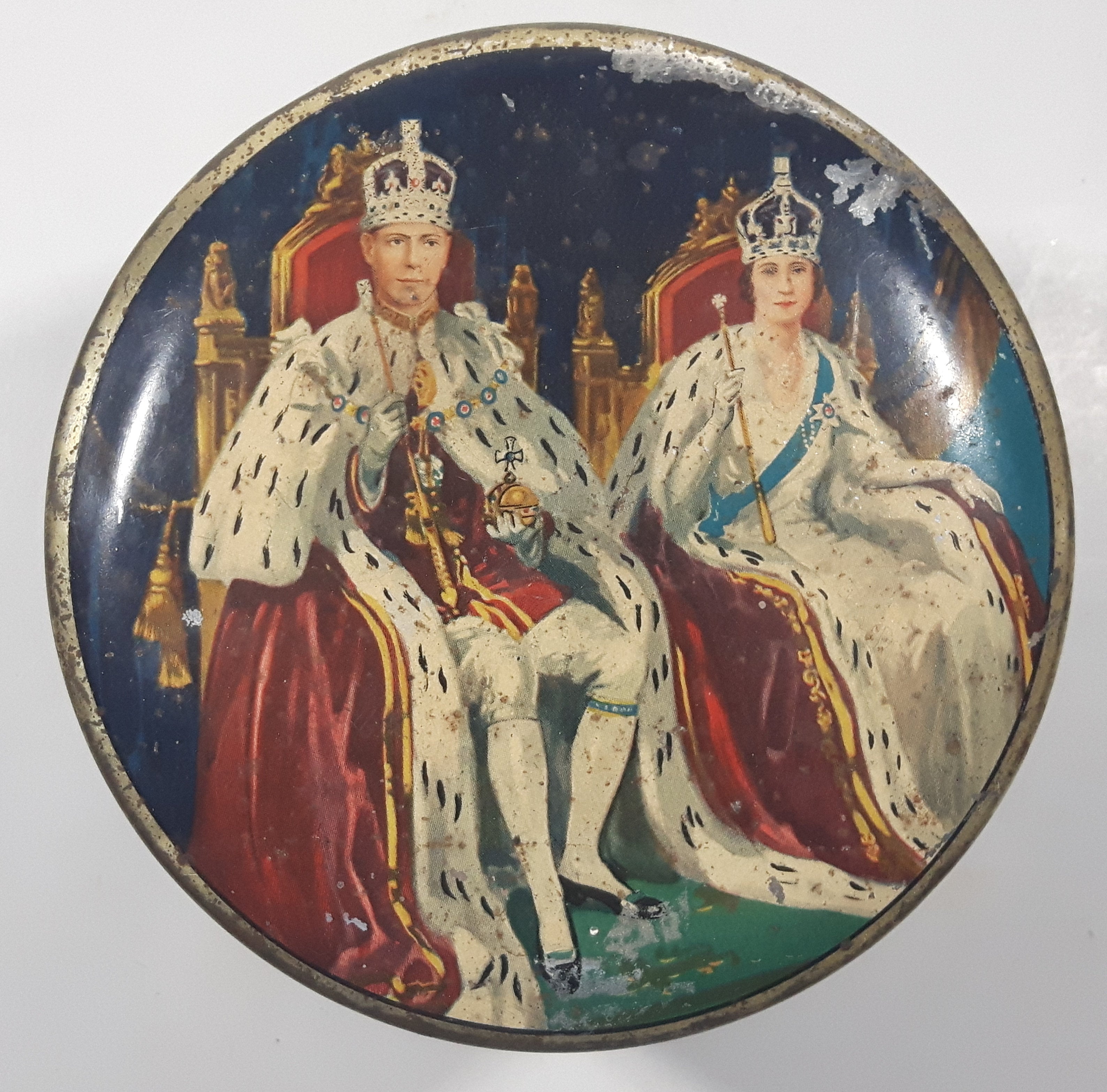 Antique Huntley and Palmers Balmoral Biscuits 1937 Coronation King George VI Queen Elizabeth The Queen Mother Tall Tin Metal Container 12