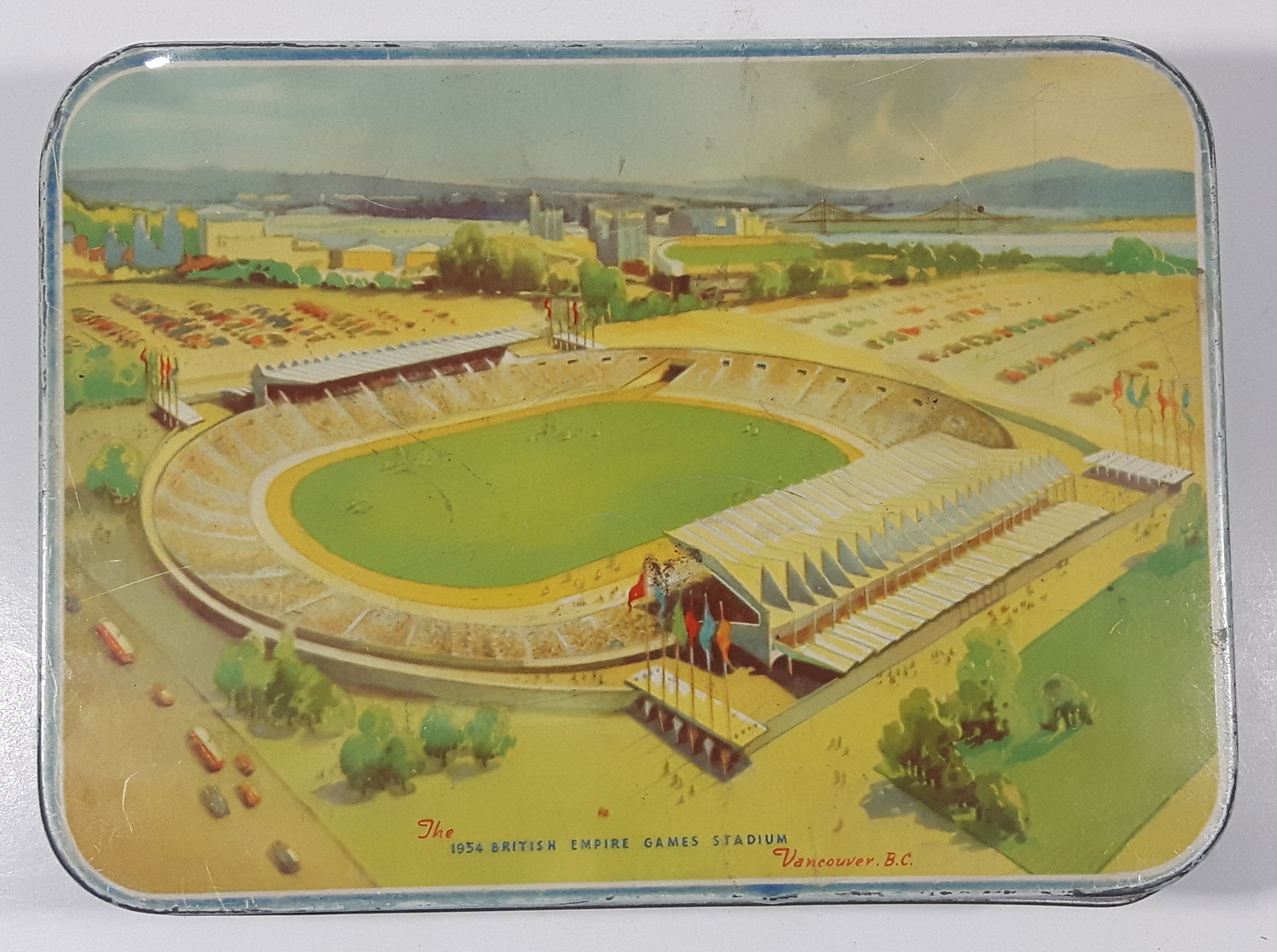 Vintage Macfarlane Lang & Co's. Biscuits The 1954 British Empire Games Stadium Vancouver, B.C. Tin Metal Container 8