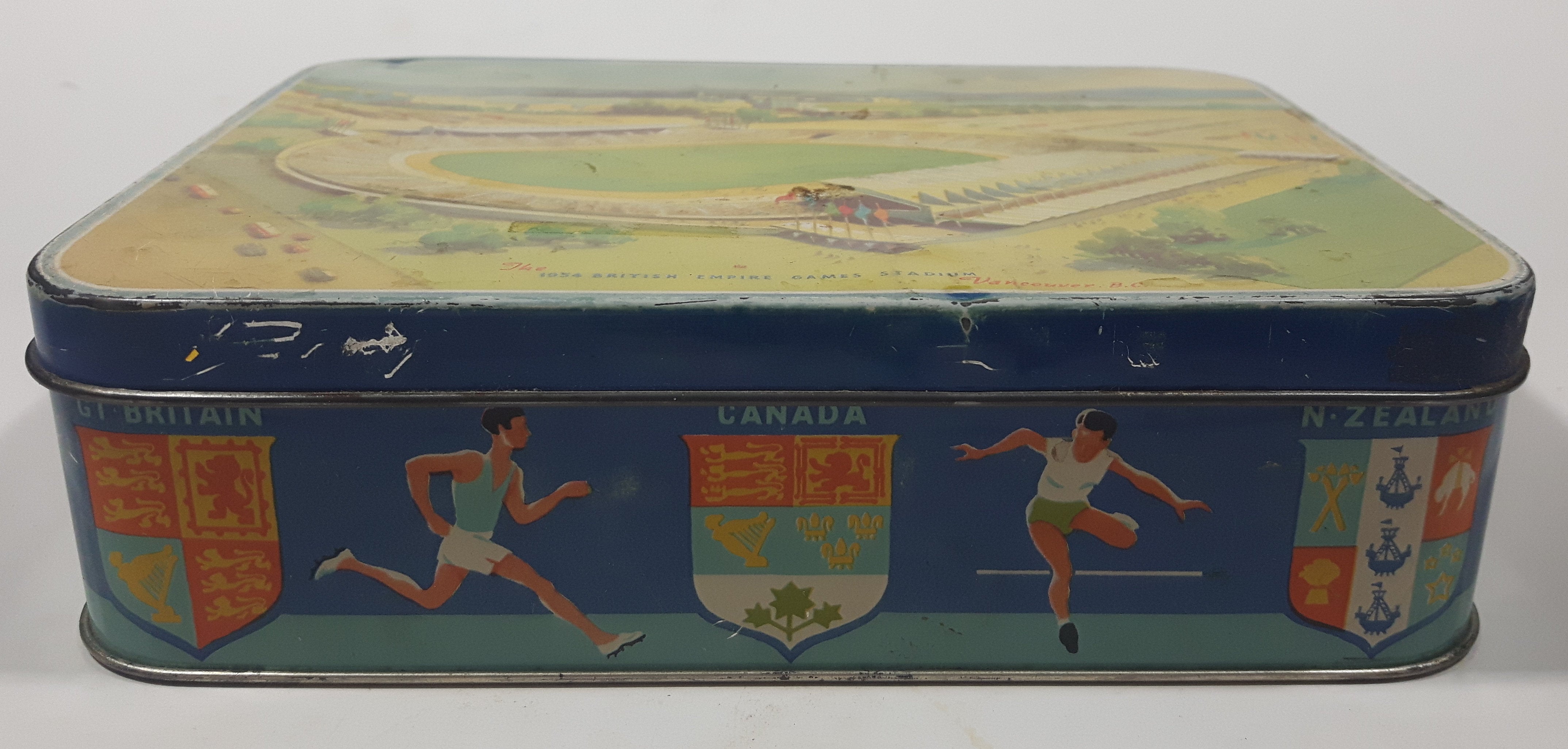 Vintage Macfarlane Lang & Co's. Biscuits The 1954 British Empire Games Stadium Vancouver, B.C. Tin Metal Container 2