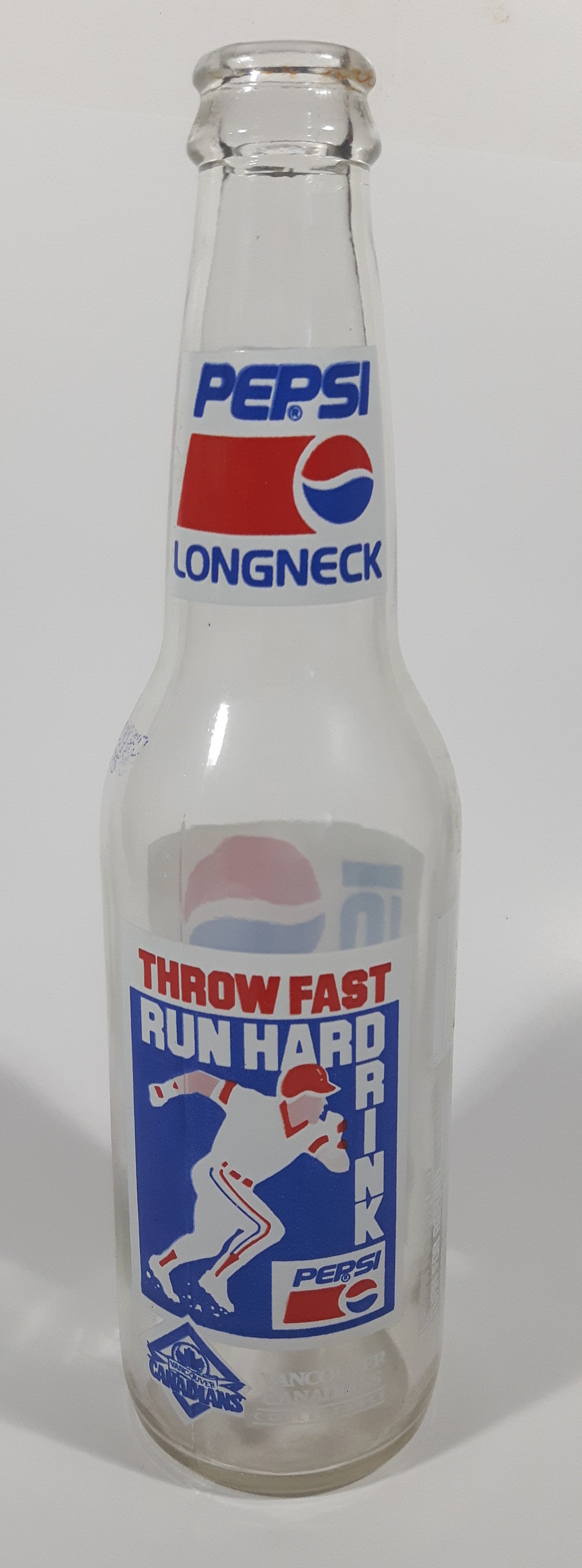 Rare Hard To Find Vintage Pepsi Cola Long Neck "Throw Fast Run Hard Drink Pepsi" Vancouver Canadians Baseball Team 355mL Clear Glass Bottle