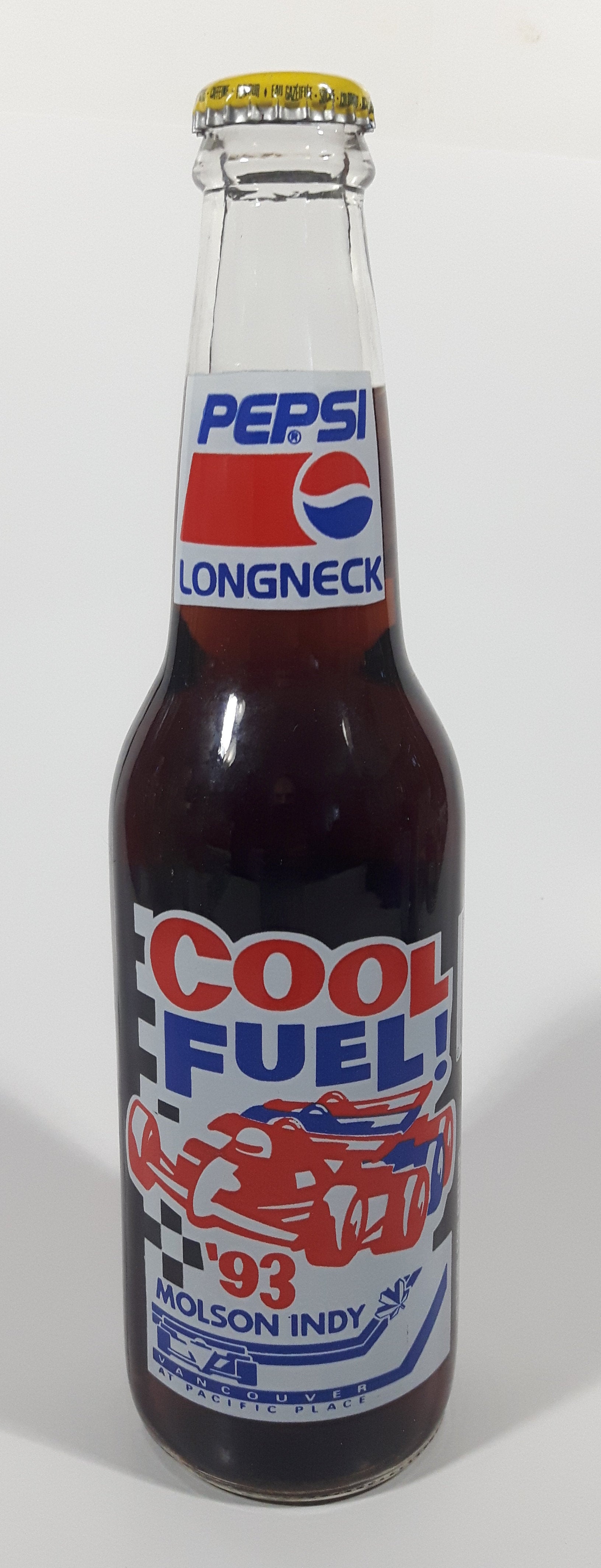 1993 Pepsi Cola Cool Fuel Molson Indy Race Vancouver, BC Longneck Glass Beverage Bottle Full Never Opened 355mL