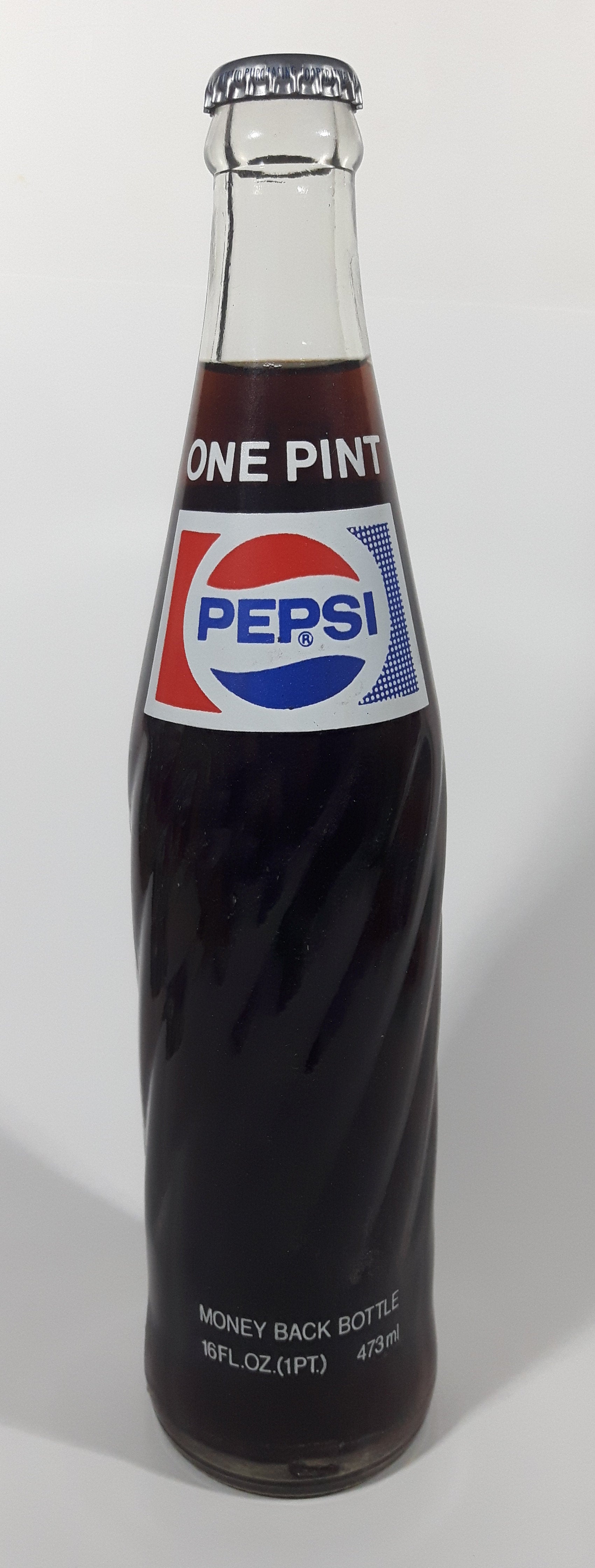Vintage 1970s Pepsi-Cola Pepsi One Pint 16 Fl oz 473mL 11" Clear Glass Money Back Bottle Still Full 5