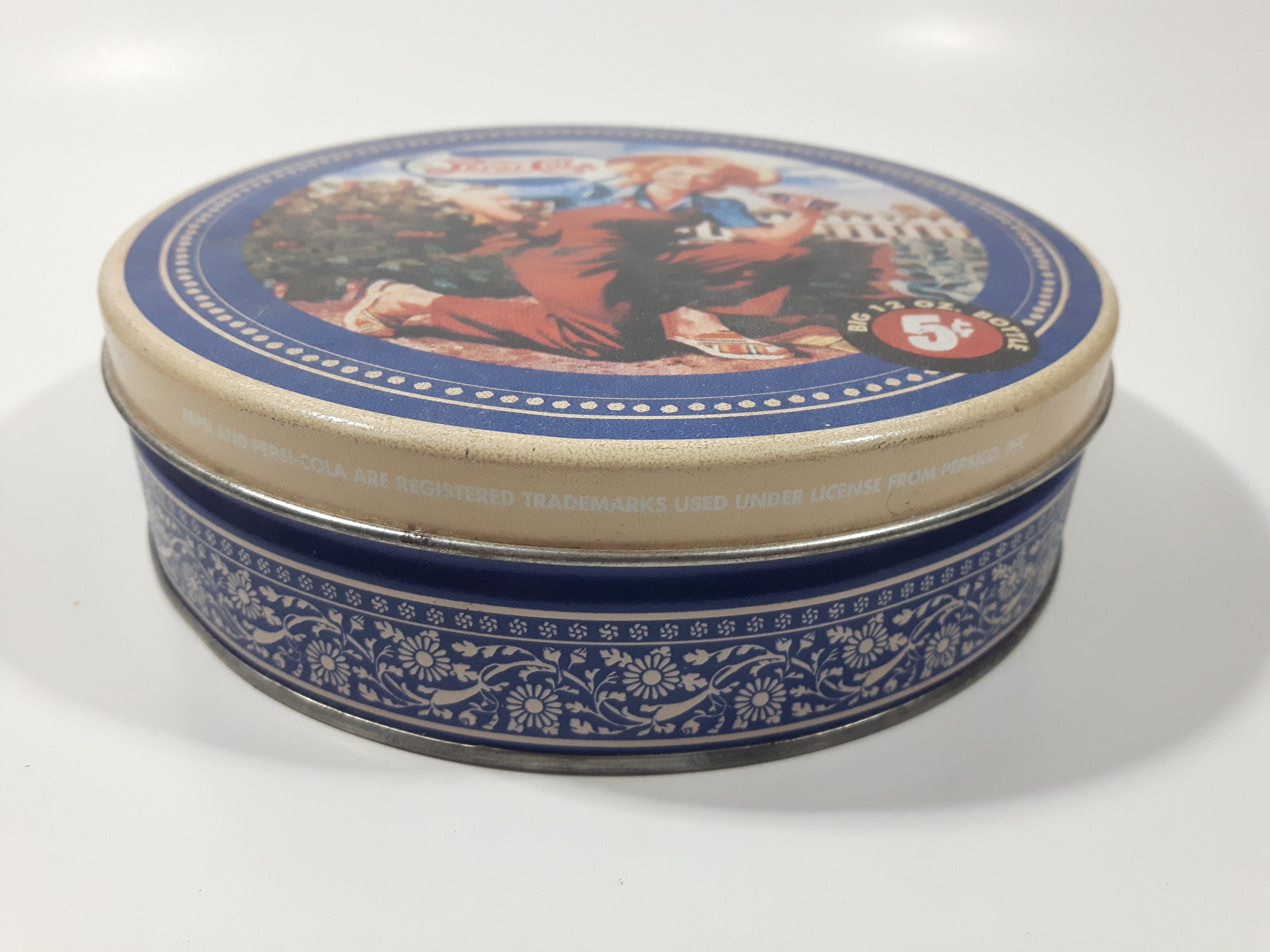 Great American Opportunities Pepsi Cola Big 12 OZ. Bottle 5 Cents Woman Gardening Round Tin Metal Container 2