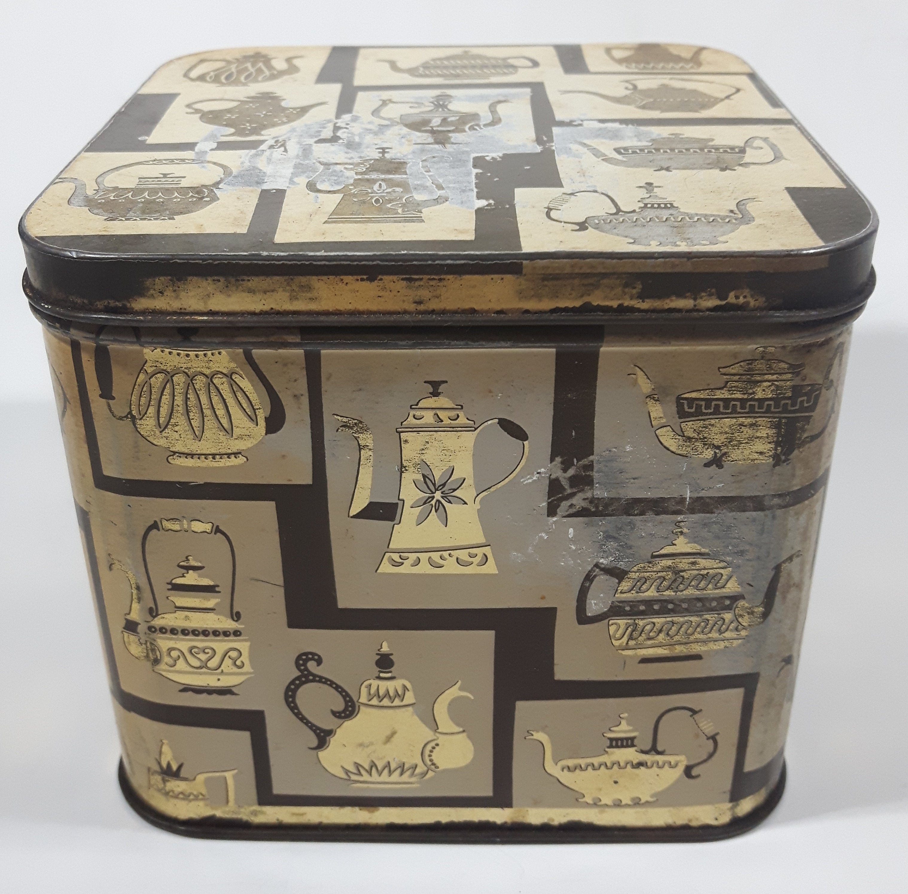 Antique J. Lyons & Co (Canada) Ltd. Toronto Vancouver Teapot Themed 4 3/8" Tall Tin Metal Container 3
