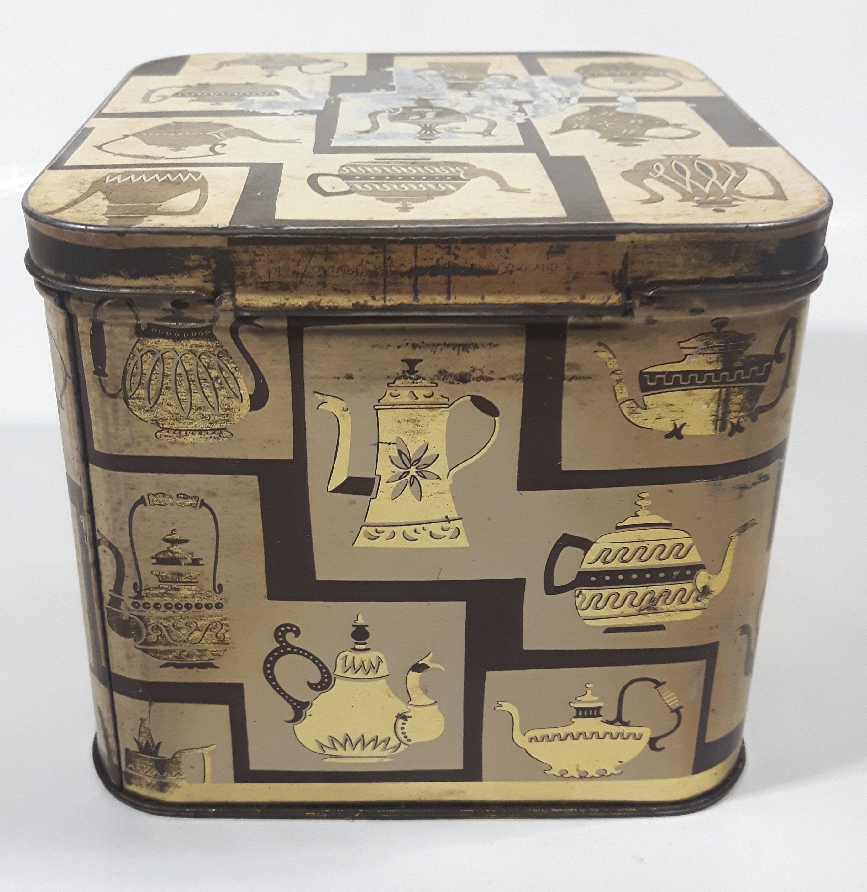 Antique J. Lyons & Co (Canada) Ltd. Toronto Vancouver Teapot Themed 4 3/8" Tall Tin Metal Container 7